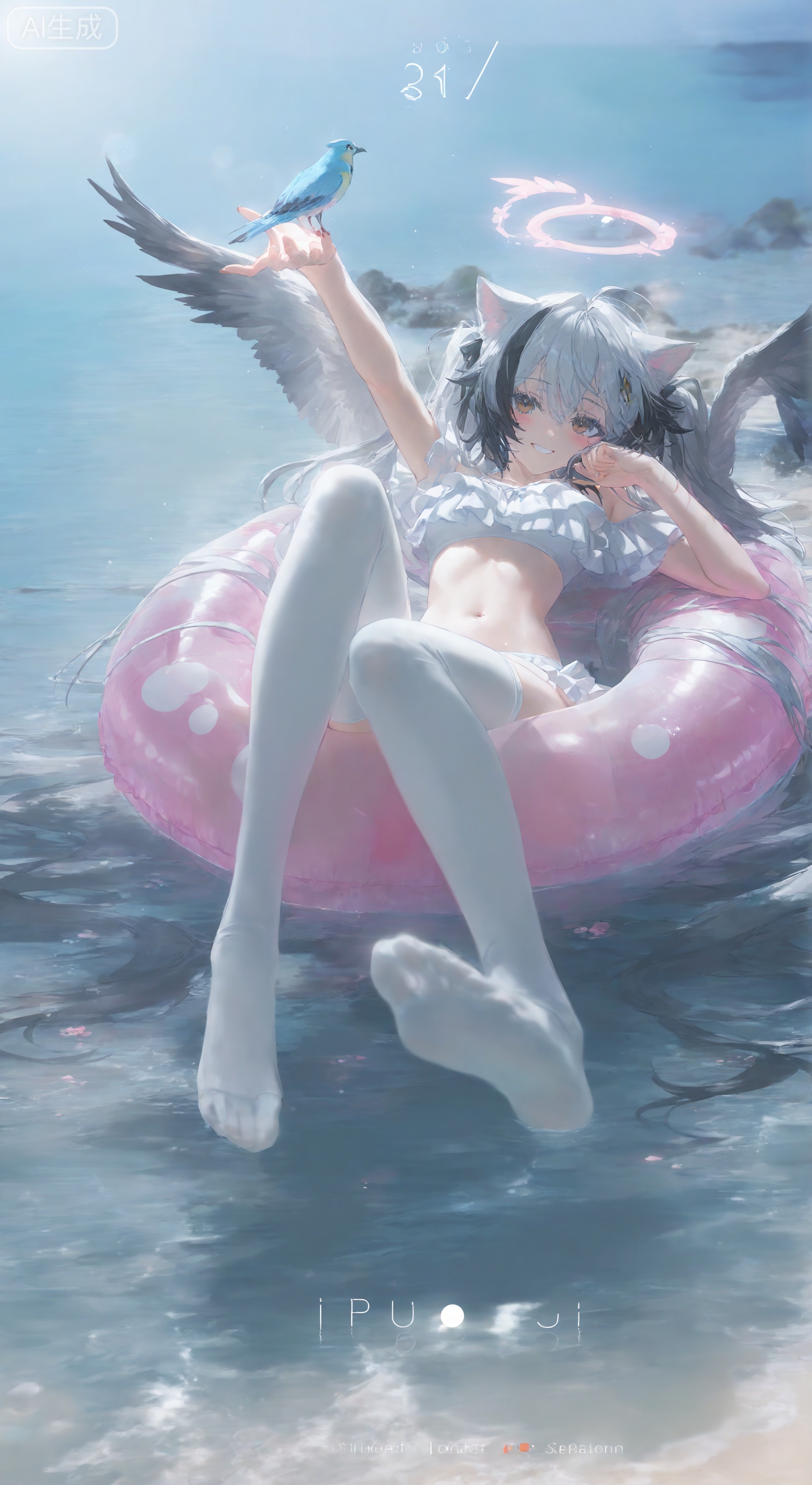 1girl, solo, long hair, looking at viewer, blush, smile, bangs, black hair, thighhighs, animal ears, brown eyes, very long hair, swimsuit, full body, white hair, grey hair, bikini, multicolored hair, outdoors, lying, frills, on back, water, feet, white thighhighs, streaked hair, bird, ocean, halo, white bikini, no shoes, legs up, frilled bikini, innertube
,backlighting,depth of field,cinematic lighting,light particles,lens flare, (artist:quasarcake:0.8),extreme aesthetic,(wlop:0.6),masterpiece,best quality,good quality,newest,year 2024,year 2023,very aesthetic,absurdres,Visual impact,A shot with tension, ultra-high resolution,32K UHD,sharp focus,best-quality,masterpiece,Emotionalization,unconventional supreme masterpiece,masterful details,temperate atmosphere,with a high-end texture,in the style of fashion photography,  (Visual impact:1.2),giving the poster a dynamic and visually striking appearance,impactful picture,offcial art,colorful,movie perspective, masterpiece,best quality,amazing quality,very aesthetic,absurdres,best quality,newest,skin details