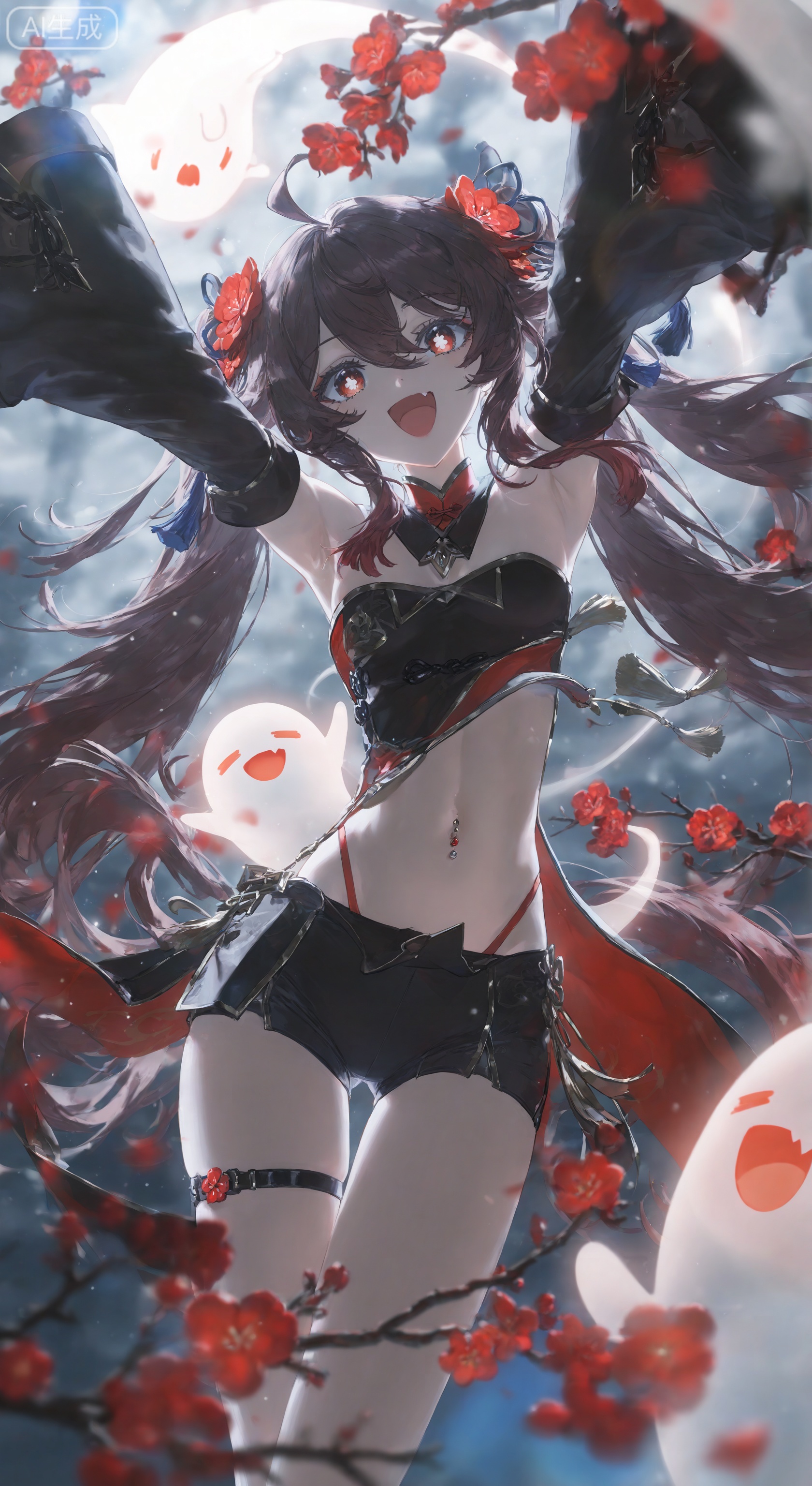 1girl, solo, long hair, breasts, looking at viewer, smile, open mouth, bangs, brown hair, hair ornament, red eyes, gloves, navel, hair between eyes, bare shoulders, twintails, very long hair, standing, flower, ahoge, :d, thighs, cowboy shot, small breasts, shorts, black gloves, elbow gloves, fang, midriff, hair flower, armpits, stomach, star \(symbol\), arms up, symbol-shaped pupils, short shorts, strapless, thigh strap, detached collar, highleg, black shorts, piercing, red flower, tassel, ghost, bandeau, highleg panties, navel piercing, flower-shaped pupils, plum blossoms, hu tao \(genshin impact\), boo tao \(genshin impact\)
,backlighting,blue and white theme,depth of field,cinematic lighting,light particles,lens flare, (artist:quasarcake:0.8),extreme aesthetic,(wlop:0.6),masterpiece,best quality,good quality,newest,year 2024,year 2023,very aesthetic,absurdres,Visual impact,A shot with tension, ultra-high resolution,32K UHD,sharp focus,best-quality,masterpiece,Emotionalization,unconventional supreme masterpiece,masterful details,temperate atmosphere,with a high-end texture,in the style of fashion photography,  (Visual impact:1.2),giving the poster a dynamic and visually striking appearance,impactful picture,offcial art,colorful,movie perspective, masterpiece,best quality,amazing quality,very aesthetic,absurdres,best quality,newest