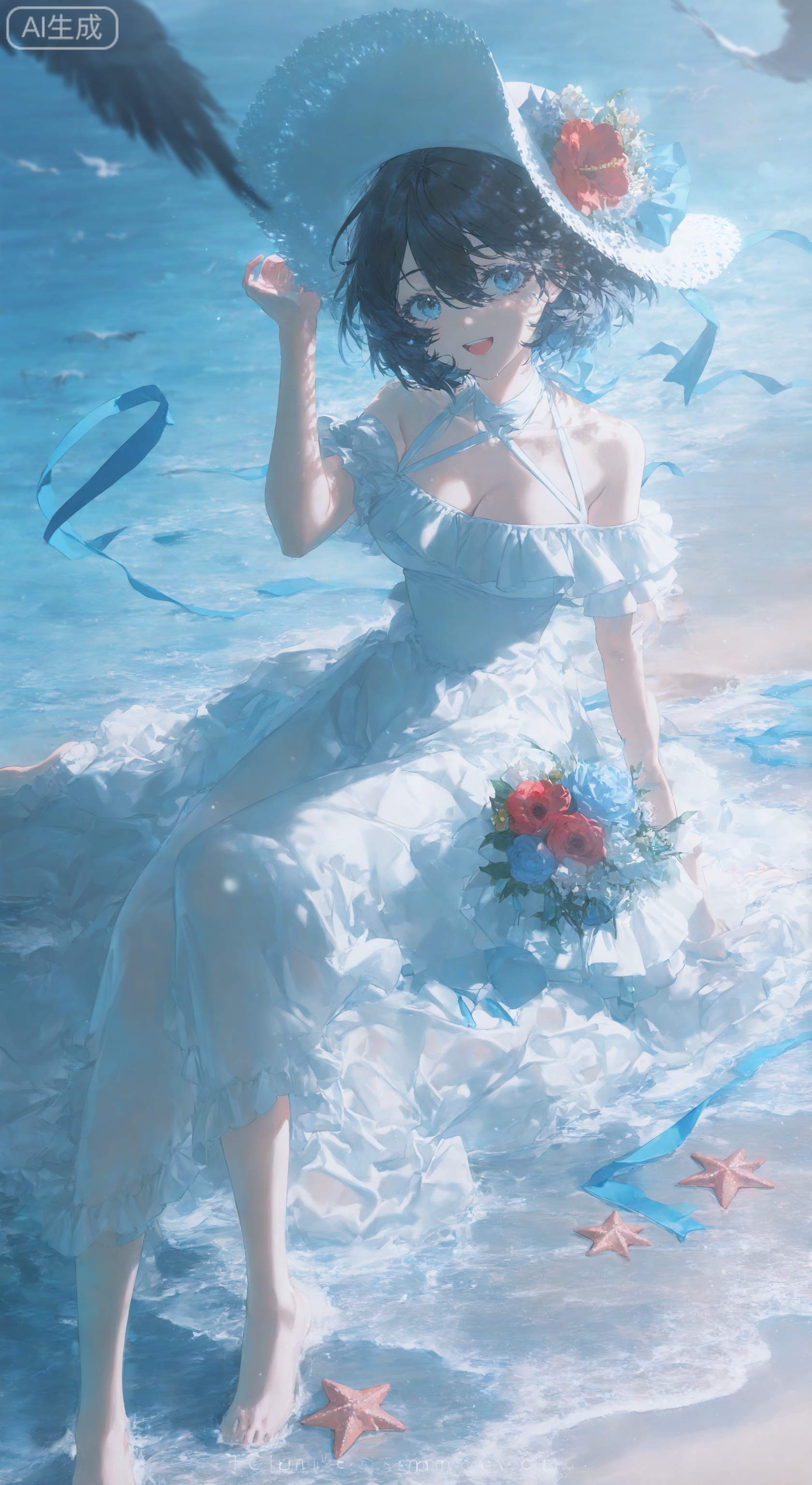1girl, solo, breasts, looking at viewer, smile, short hair, open mouth, bangs, blue eyes, black hair, hat, dress, bow, ribbon, cleavage, hair between eyes, medium breasts, sitting, flower, :d, outdoors, barefoot, sleeveless, water, white dress, arm up, sleeveless dress, bird, white headwear, watermark, beach, blue ribbon, red flower, sun hat, hat flower, sample watermark, starfish
,backlighting,blue and white theme,depth of field,cinematic lighting,light particles,lens flare, (artist:quasarcake:0.8),extreme aesthetic,(wlop:0.6),masterpiece,best quality,good quality,newest,year 2024,year 2023,very aesthetic,absurdres,Visual impact,A shot with tension, ultra-high resolution,32K UHD,sharp focus,best-quality,masterpiece,Emotionalization,unconventional supreme masterpiece,masterful details,temperate atmosphere,with a high-end texture,in the style of fashion photography,  (Visual impact:1.2),giving the poster a dynamic and visually striking appearance,impactful picture,offcial art,colorful,movie perspective, masterpiece,best quality,amazing quality,very aesthetic,absurdres,best quality,newest