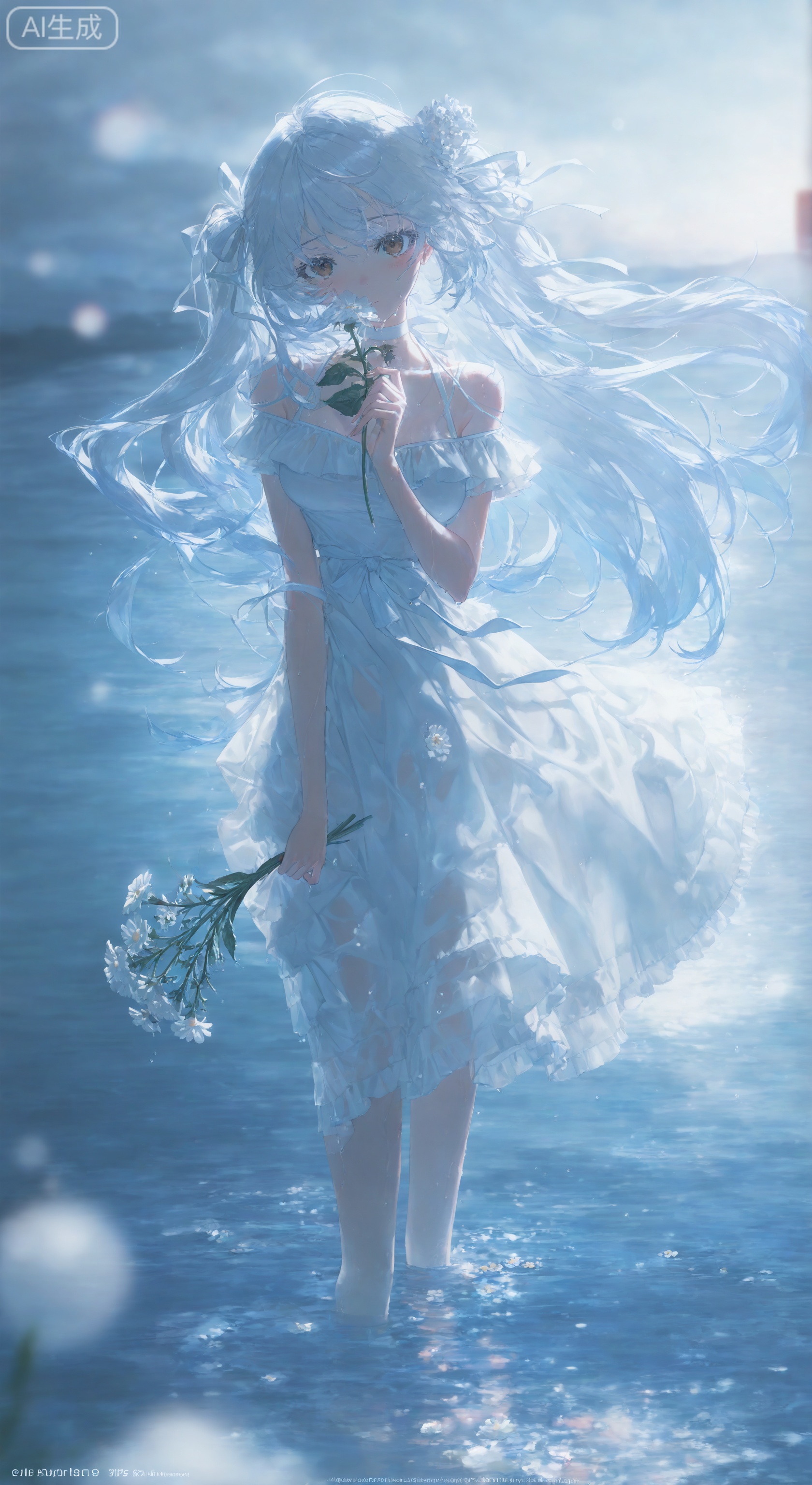 1girl, solo, long hair, breasts, looking at viewer, blush, bangs, hair ornament, dress, ribbon, holding, bare shoulders, brown eyes, medium breasts, closed mouth, standing, collarbone, hair ribbon, flower, white hair, choker, hand up, water, white dress, two side up, wet, see-through, white flower, wet clothes, white ribbon, wading, holding flower, white choker
,backlighting,blue and white theme,depth of field,cinematic lighting,light particles,lens flare, (artist:quasarcake:0.8),extreme aesthetic,(wlop:0.6),masterpiece,best quality,good quality,newest,year 2024,year 2023,very aesthetic,absurdres,Visual impact,A shot with tension, ultra-high resolution,32K UHD,sharp focus,best-quality,masterpiece,Emotionalization,unconventional supreme masterpiece,masterful details,temperate atmosphere,with a high-end texture,in the style of fashion photography,  (Visual impact:1.2),giving the poster a dynamic and visually striking appearance,impactful picture,offcial art,colorful,movie perspective, masterpiece,best quality,amazing quality,very aesthetic,absurdres,best quality,newest