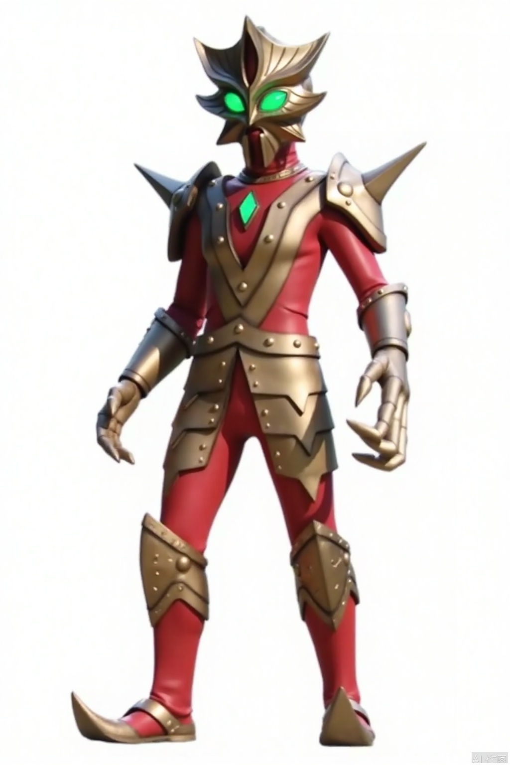 masterpiece, best quality,solo,(white background:1.2),simple background,
looking at viewer,acekiller,armor,spikes,gloves,mask,helmet,boots,gem,alien,tokusatsu,no humans,science fiction,glowing eyes,bodysuit