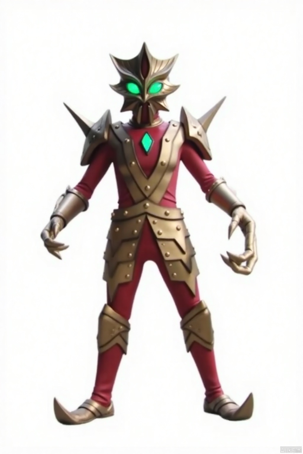 masterpiece, best quality,solo,(white background:1.2),simple background,
looking at viewer,acekiller,armor,spikes,gloves,mask,helmet,boots,gem,alien,tokusatsu,no humans,science fiction,glowing eyes,bodysuit