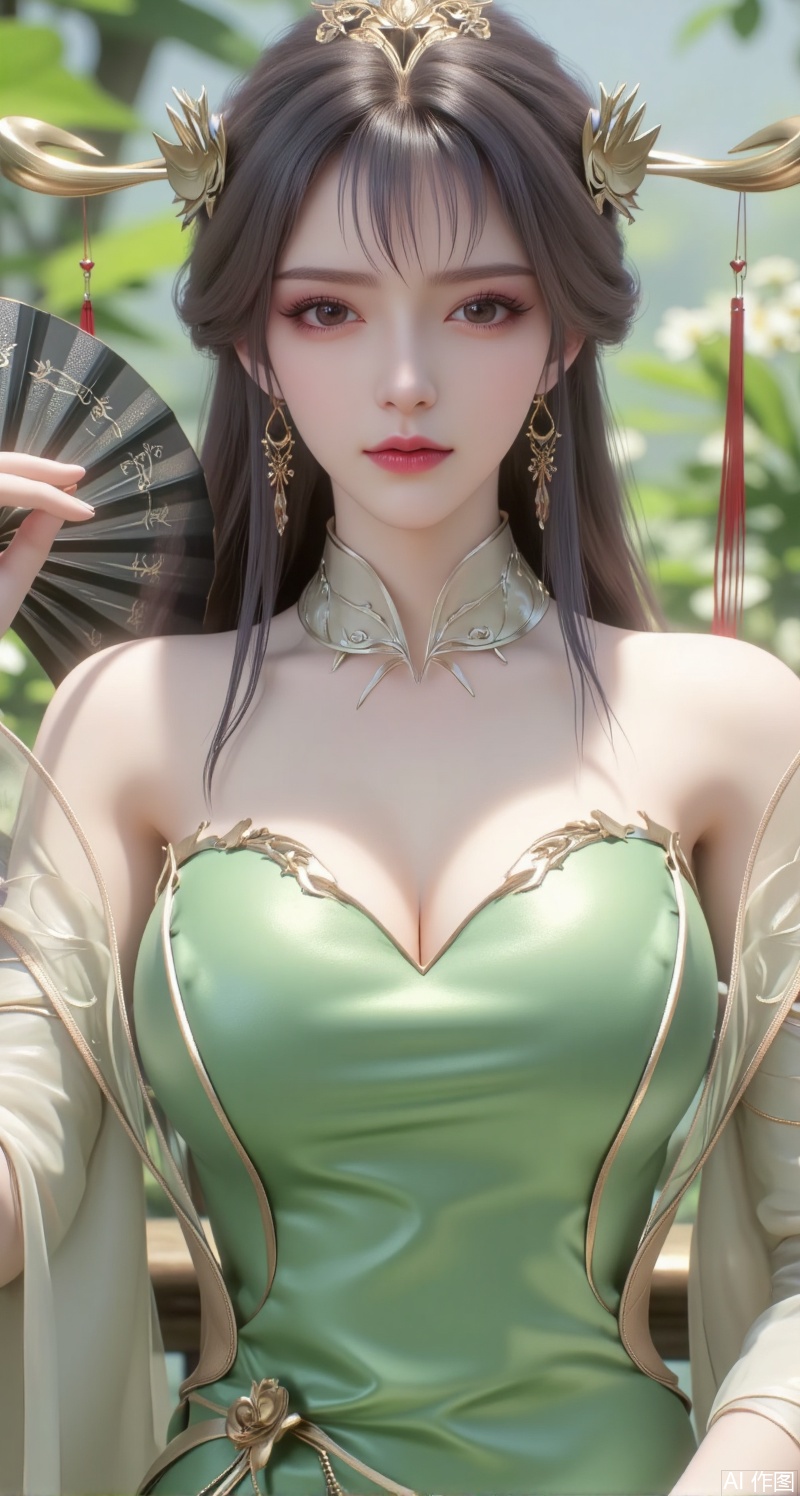 This picture is a digital illustration work with the following characteristics:


• Image quality: The resolution of the image is high, the details are clear, and the skin texture of the characters and the texture of the clothes are very delicate.


• Color: Soft colors, mainly green, create a fresh, natural atmosphere. The light and shadow effects are natural, enhancing the three-dimensional sense of the picture.


• Creative style: This illustration adopts a style that combines realism and fantasy. The characters are exquisite, the details are well handled, and the overall style is elegance and tranquility.


• Light and layout: The light is soft, and the main light source comes from the top of the picture, casting soft shadows and enhancing the layering of the picture. The character is placed in the center of the frame, attracting the viewer's attention.


• The character's posture and hairstyle: The character's posture is elegant, holding a black folding fan with red tassels, showing a gentle temperament. She has long curly black hair. Her hair is smooth and shiny, with wavy curls hanging naturally from the left side of her shoulders to her waist, looking very charming and charming. Wearing exquisite hair accessories on her head and a necklace on her forehead. Dynamic pose, low angle shot.


• Clothing: Wear a green cheongsam. The design of the cheongsam is simple and elegant. The color is fresh and echoes the green plants in the background. The overall shape is very elegant and noble.


• Background: The background is a nature-filled scene with blurry greenery and flowers, creating a tranquil outdoor atmosphere. The blurring of the background makes the characters stand out more and adds a sense of depth to the picture.

Overall, this illustration successfully creates a fresh and elegant atmosphere through delicate brushwork and soft colors, showing the gentleness and nobility of the characters.