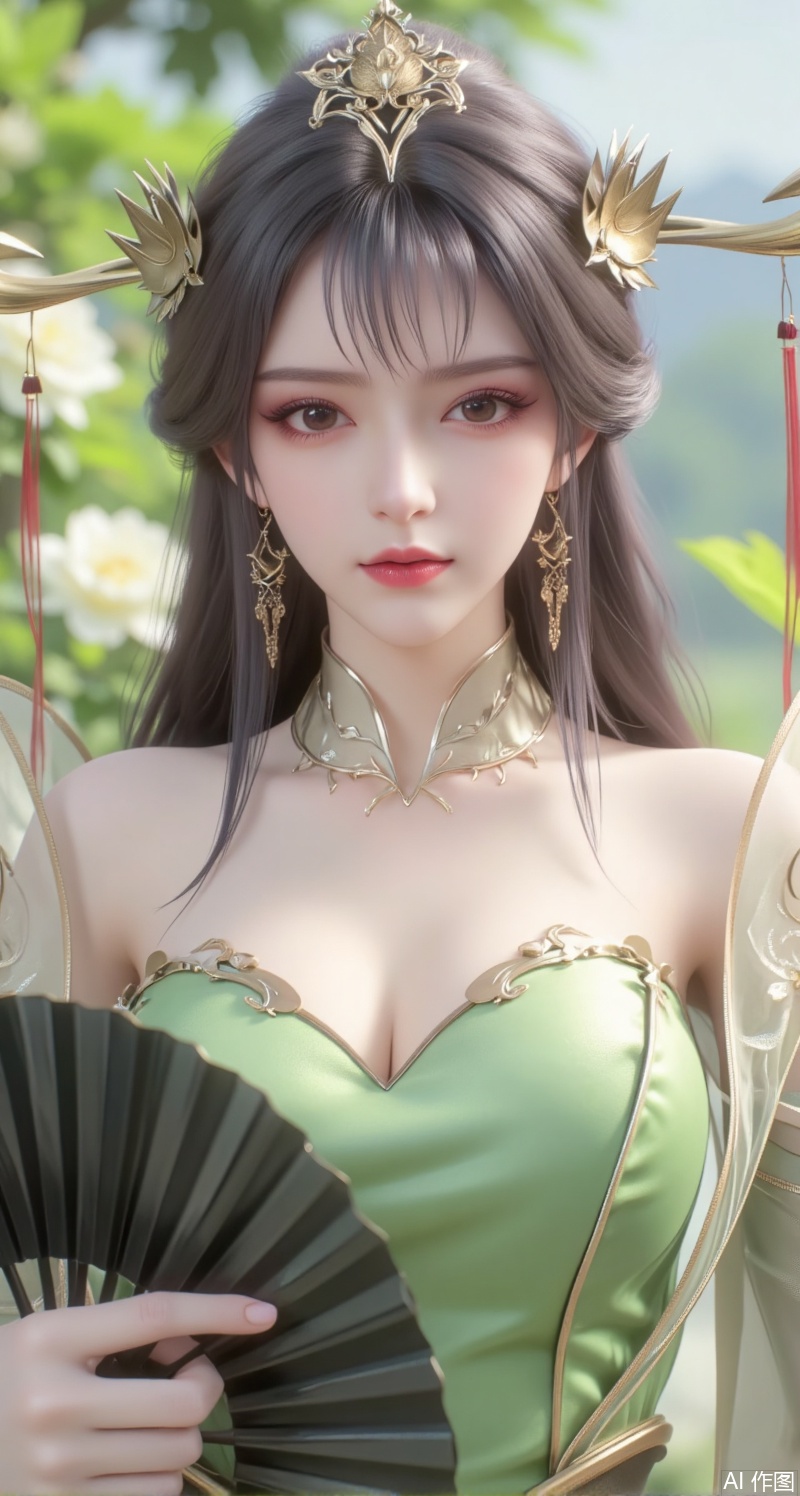 This picture is a digital illustration work with the following characteristics:


• Image quality: The resolution of the image is high, the details are clear, and the skin texture of the characters and the texture of the clothes are very delicate.


• Color: Soft colors, mainly green, create a fresh, natural atmosphere. The light and shadow effects are natural, enhancing the three-dimensional sense of the picture.


• Creative style: This illustration adopts a style that combines realism and fantasy. The characters are exquisite, the details are well handled, and the overall style is elegance and tranquility.


• Light and layout: The light is soft, and the main light source comes from the top of the picture, casting soft shadows and enhancing the layering of the picture. The character is placed in the center of the frame, attracting the viewer's attention.


• The character's posture and hairstyle: The character's posture is elegant, holding a black folding fan with red tassels, showing a gentle temperament. She has long curly black hair. Her hair is smooth and shiny, with wavy curls hanging naturally from the left side of her shoulders to her waist, looking very charming and charming. Wearing exquisite hair accessories on her head and a necklace on her forehead. Dynamic pose, low angle shot.


• Clothing: Wear a green cheongsam. The design of the cheongsam is simple and elegant. The color is fresh and echoes the green plants in the background. The overall shape is very elegant and noble.


• Background: The background is a nature-filled scene with blurry greenery and flowers, creating a tranquil outdoor atmosphere. The blurring of the background makes the characters stand out more and adds a sense of depth to the picture.

Overall, this illustration successfully creates a fresh and elegant atmosphere through delicate brushwork and soft colors, showing the gentleness and nobility of the characters.