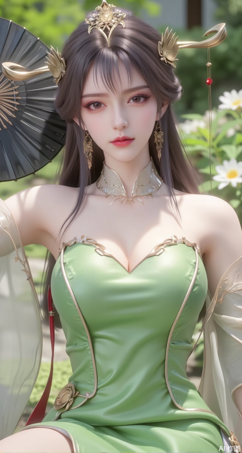 This picture is a digital illustration work with the following characteristics:


• Image quality: The resolution of the image is high, the details are clear, and the skin texture of the characters and the texture of the clothes are very delicate.


• Color: Soft colors, mainly green, create a fresh, natural atmosphere. The light and shadow effects are natural, enhancing the three-dimensional sense of the picture.


• Creative style: This illustration adopts a style that combines realism and fantasy. The characters are exquisite, the details are well handled, and the overall style is elegance and tranquility.


• Light and layout: The light is soft, and the main light source comes from the top of the picture, casting soft shadows and enhancing the layering of the picture. The character is placed in the center of the frame, attracting the viewer's attention.


• The character's posture and hairstyle: The character's posture is elegant, holding a black folding fan with red tassels, showing a gentle temperament. She has long curly black hair. Her hair is smooth and shiny, with wavy curls hanging naturally from the left side of her shoulders to her waist, looking very charming and charming. Wearing exquisite hair accessories on her head and a necklace on her forehead. Dynamic pose, low angle shot.


• Clothing: Wear a green cheongsam. The design of the cheongsam is simple and elegant. The color is fresh and echoes the green plants in the background. The overall shape is very elegant and noble.


• Background: The background is a nature-filled scene with blurry greenery and flowers, creating a tranquil outdoor atmosphere. The blurring of the background makes the characters stand out more and adds a sense of depth to the picture.

Overall, this illustration successfully creates a fresh and elegant atmosphere through delicate brushwork and soft colors, showing the gentleness and nobility of the characters.