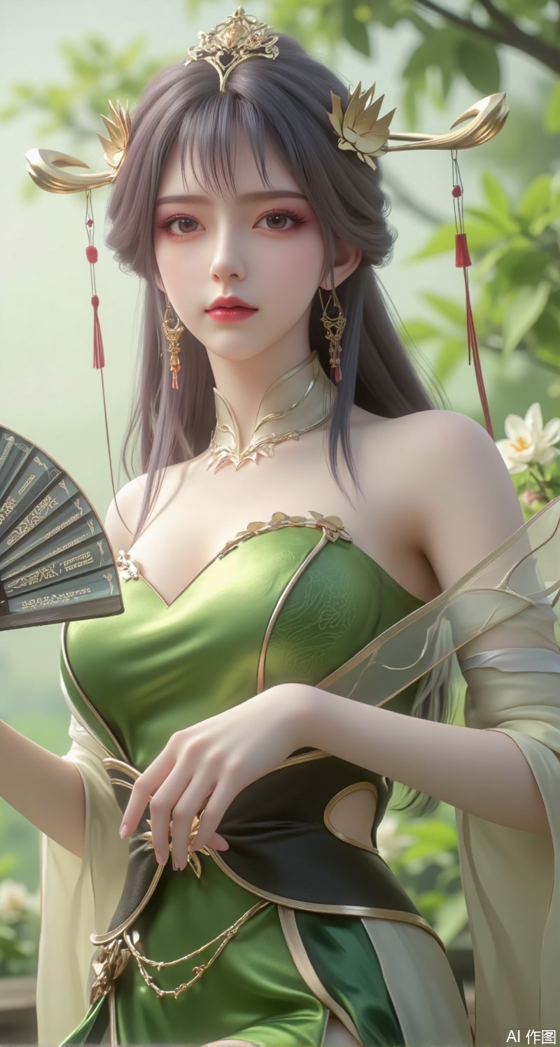 This picture is a digital illustration work with the following characteristics:


• Image quality: The resolution of the image is high, the details are clear, and the skin texture of the characters and the texture of the clothes are very delicate.


• Color: Soft colors, mainly green, create a fresh, natural atmosphere. The light and shadow effects are natural, enhancing the three-dimensional sense of the picture.


• Creative style: This illustration adopts a style that combines realism and fantasy. The characters are exquisite, the details are well handled, and the overall style is elegance and tranquility.


• Light and layout: The light is soft, and the main light source comes from the top of the picture, casting soft shadows and enhancing the layering of the picture. The character is placed in the center of the frame, attracting the viewer's attention.


• The character's posture and hairstyle: The character's posture is elegant, holding a black folding fan with red tassels, showing a gentle temperament. She has long curly black hair. Her hair is smooth and shiny, with wavy curls hanging naturally from the left side of her shoulders to her waist, looking very charming and charming. Wearing exquisite hair accessories on her head and a necklace on her forehead. Dynamic pose, low angle shot.


• Clothing: Wear a green cheongsam. The design of the cheongsam is simple and elegant. The color is fresh and echoes the green plants in the background. The overall shape is very elegant and noble.


• Background: The background is a nature-filled scene with blurry greenery and flowers, creating a tranquil outdoor atmosphere. The blurring of the background makes the characters stand out more and adds a sense of depth to the picture.

Overall, this illustration successfully creates a fresh and elegant atmosphere through delicate brushwork and soft colors, showing the gentleness and nobility of the characters.