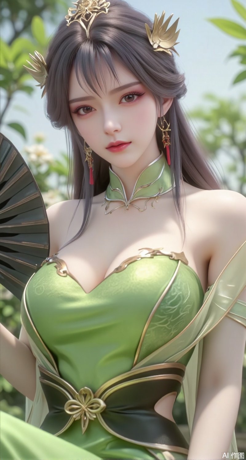 This picture is a digital illustration work with the following characteristics:


• Image quality: The resolution of the image is high, the details are clear, and the skin texture of the characters and the texture of the clothes are very delicate.


• Color: Soft colors, mainly green, create a fresh, natural atmosphere. The light and shadow effects are natural, enhancing the three-dimensional sense of the picture.


• Creative style: This illustration adopts a style that combines realism and fantasy. The characters are exquisite, the details are well handled, and the overall style is elegance and tranquility.


• Light and layout: The light is soft, and the main light source comes from the top of the picture, casting soft shadows and enhancing the layering of the picture. The character is placed in the center of the frame, attracting the viewer's attention.


• The character's posture and hairstyle: The character's posture is elegant, holding a black folding fan with red tassels, showing a gentle temperament. She has long curly black hair. Her hair is smooth and shiny, with wavy curls hanging naturally from the left side of her shoulders to her waist, looking very charming and charming. Wearing exquisite hair accessories on her head and a necklace on her forehead. Dynamic pose, low angle shot.


• Clothing: Wear a green cheongsam. The design of the cheongsam is simple and elegant. The color is fresh and echoes the green plants in the background. The overall shape is very elegant and noble.


• Background: The background is a nature-filled scene with blurry greenery and flowers, creating a tranquil outdoor atmosphere. The blurring of the background makes the characters stand out more and adds a sense of depth to the picture.

Overall, this illustration successfully creates a fresh and elegant atmosphere through delicate brushwork and soft colors, showing the gentleness and nobility of the characters.