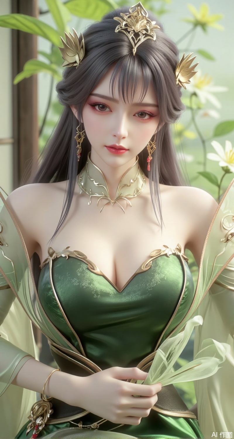 This picture is a digital illustration work with the following characteristics:


• Image quality: The resolution of the image is high, the details are clear, and the skin texture of the characters and the texture of the clothes are very delicate.


• Color: Soft colors, mainly green, create a fresh, natural atmosphere. The light and shadow effects are natural, enhancing the three-dimensional sense of the picture.


• Creative style: This illustration adopts a style that combines realism and fantasy. The characters are exquisite, the details are well handled, and the overall style is elegance and tranquility.


• Light and layout: The light is soft, and the main light source comes from the top of the picture, casting soft shadows and enhancing the layering of the picture. The character is placed in the center of the frame, attracting the viewer's attention.


• The character's posture and hairstyle: The character's posture is elegant, holding a black folding fan with red tassels, showing a gentle temperament. She has long curly black hair. Her hair is smooth and shiny, with wavy curls hanging naturally from the left side of her shoulders to her waist, looking very charming and charming. Wearing exquisite hair accessories on her head and a necklace on her forehead. Dynamic pose, low angle shot.


• Clothing: Wear a green cheongsam. The design of the cheongsam is simple and elegant. The color is fresh and echoes the green plants in the background. The overall shape is very elegant and noble.


• Background: The background is a nature-filled scene with blurry greenery and flowers, creating a tranquil outdoor atmosphere. The blurring of the background makes the characters stand out more and adds a sense of depth to the picture.

Overall, this illustration successfully creates a fresh and elegant atmosphere through delicate brushwork and soft colors, showing the gentleness and nobility of the characters.