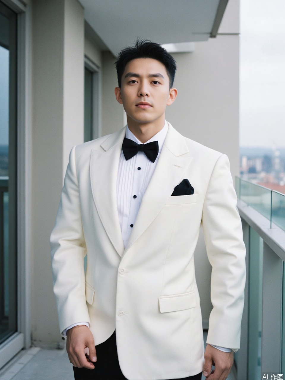 film photo, A young Asian man in a white tuxedo with black accents, standing on a balcony with a cityscape in the background.
Fujicolor GFX100 II 80mm f/4.5,film photo,
background blurred,photography,realistic,film texture,real human skin,Fuji camera,