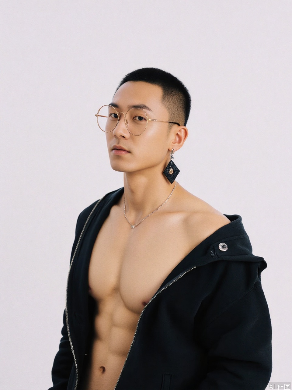 photo, A shirtless, light-skinned dude with a shaved head rocks round, gold-rimmed specs. He's got a black hoodie slung over his shoulders, showing off his ripped chest and toned abs. Black, geometric earrings dangle from his ears. The plain white background keeps all eyes on him.
Fujicolor GFX100 II 80mm f/4.5,film photo,
background blurred,photography,realistic,film texture,real human skin,Fuji camera,Film grain,