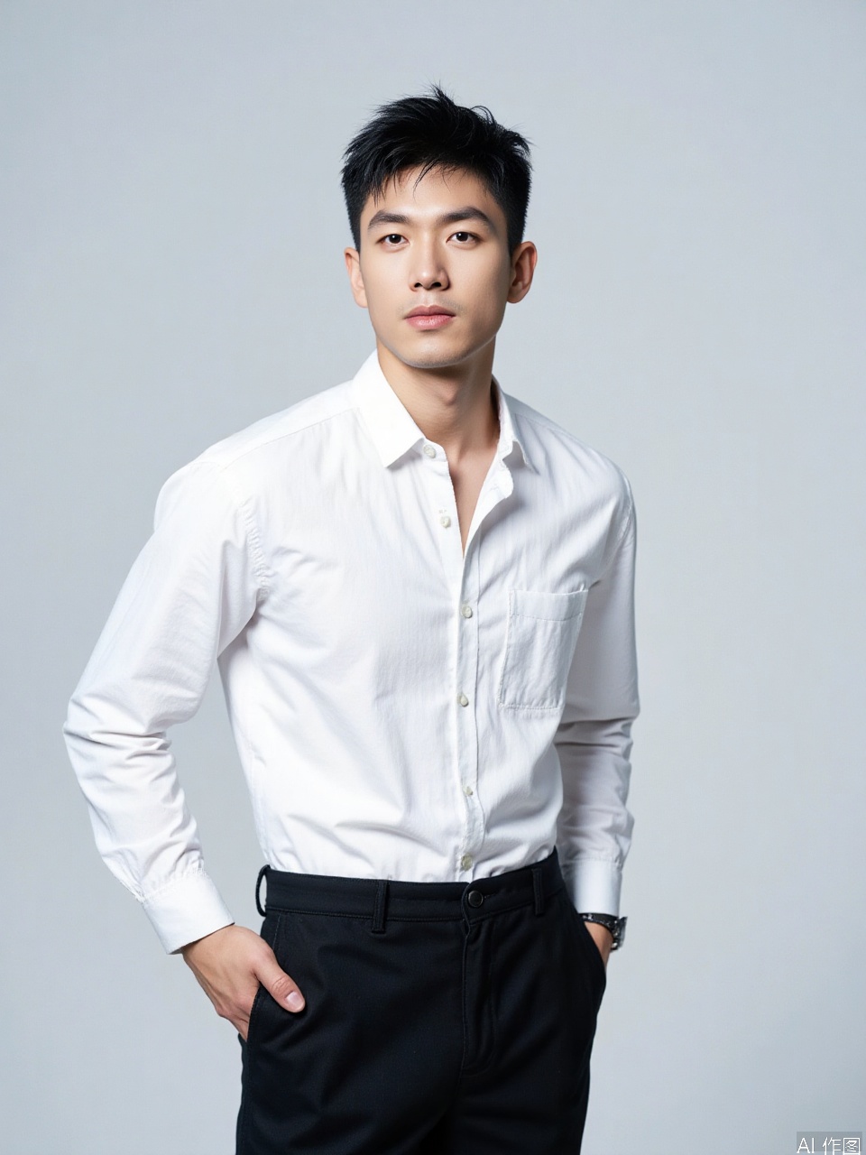 photo, Photograph of an Asian man with short black hair, wearing a white button-down shirt and black pants. He has a slender build and a neutral expression. The background is a plain, light gray wall..
Fujicolor GFX100 II 80mm f/4.5,film photo,
background blurred,photography,realistic,film texture,real human skin,Fuji camera,Film grain,