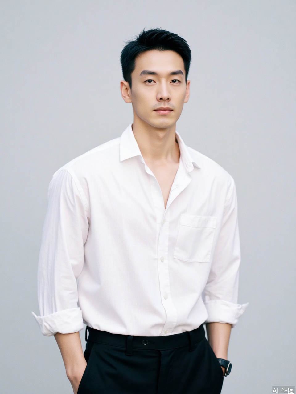 photo, Photograph of an Asian man with short black hair, wearing a white button-down shirt and black pants. He has a slender build and a neutral expression. The background is a plain, light gray wall..
Fujicolor GFX100 II 80mm f/4.5,film photo,
background blurred,photography,realistic,film texture,real human skin,Fuji camera,Film grain,