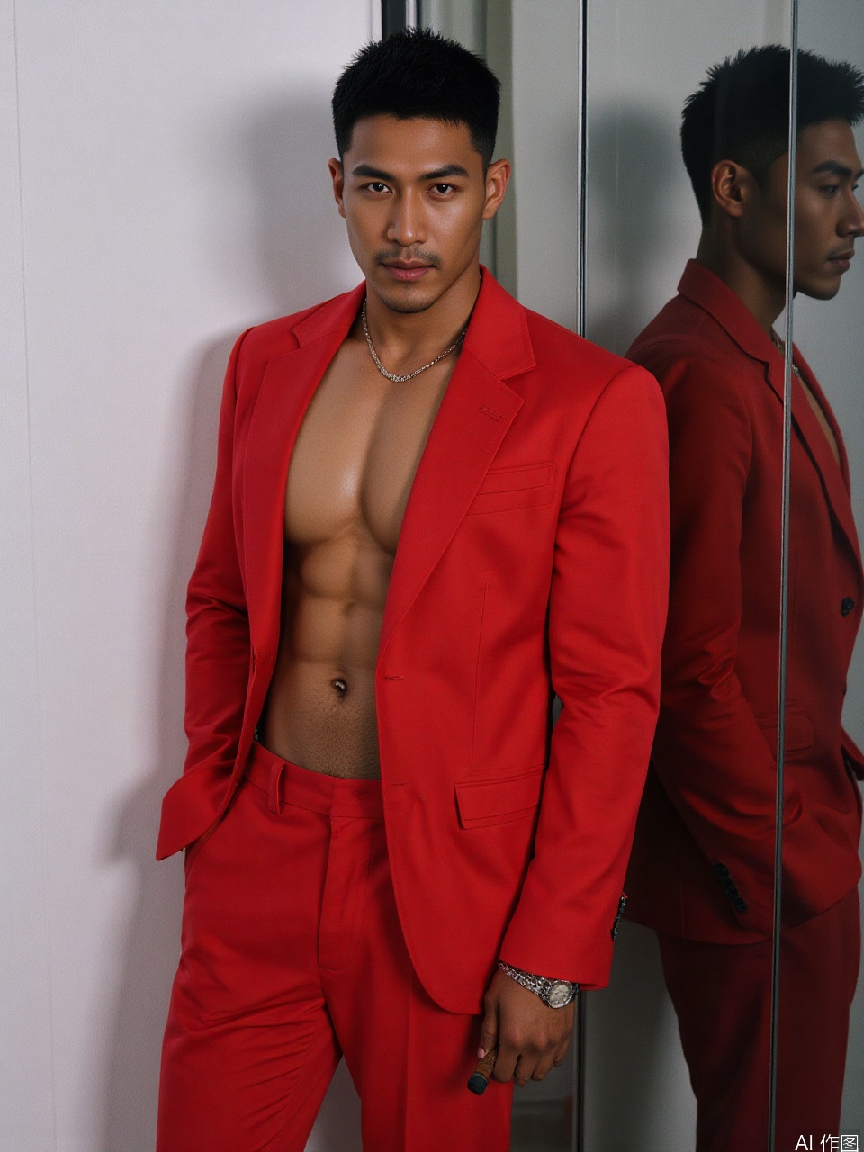 photo, Photograph of a muscular, dark-skinned man with a chiseled physique, wearing an open red suit jacket, revealing a toned, hairy chest. He stands confidently in front of a reflective surface, holding a cigar.
Fujicolor GFX100 II 80mm f/4.5,film photo,
background blurred,photography,realistic,film texture,real human skin,Fuji camera,