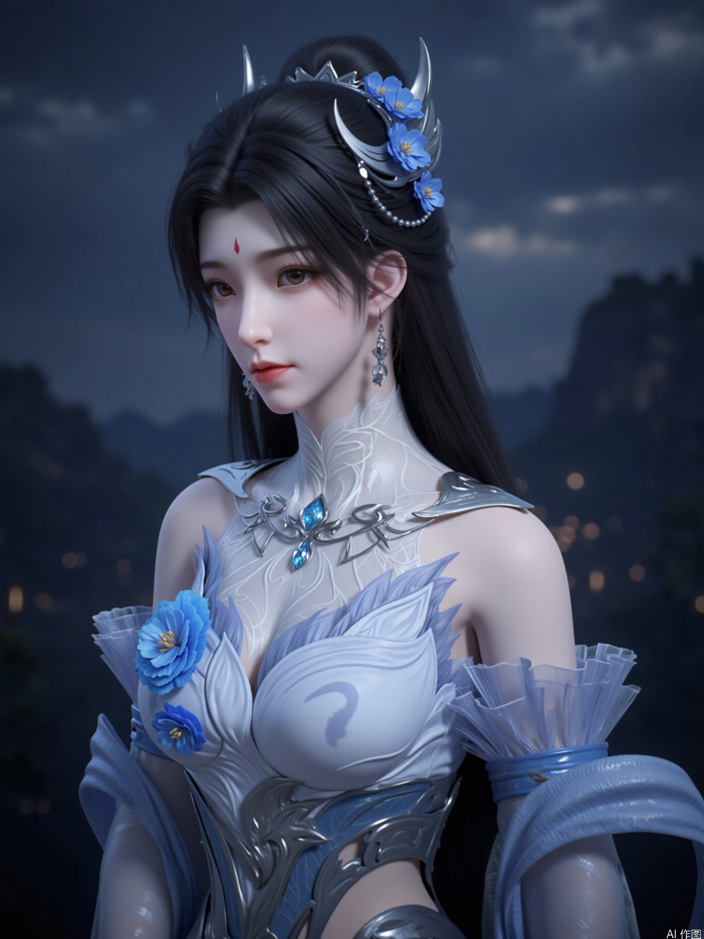 zichu-xiaoyue,This image depics a woman with long fluttering black hair, with brown eyes and pink lips, her head decorated with blue flowers and a crescent-shaped ornament and a red mark on her forehead
She wore an elaborate fantasy-style outfit with intricate silver patterns on her white and blue corset. Her outfits include a headdress decorated with blue flowers and a necklace with blue gemstones in the center.
The character light is very obvious, the character is very white in skin, the background is a blurry, atmosphere scene with dark and cloudy sky and signs of mountains or cliffs, giving people a mysterious and ethereal feeling.