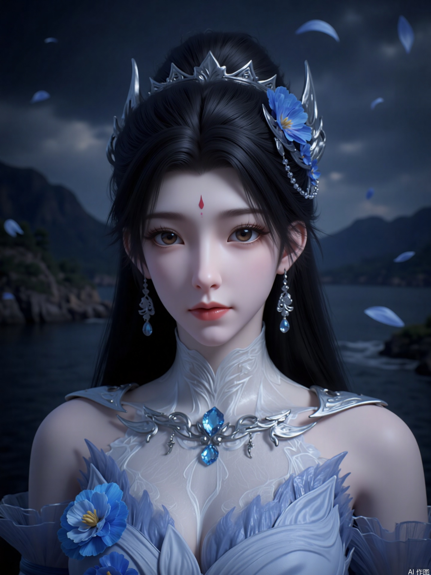 zichu-xiaoyue,This image depicts a woman with long fluttering black hair, with brown eyes and pink lips, her head decorated with blue flowers and a crescent-shaped ornament and a red mark on her forehead
She wore an elaborate fantasy-style outfit with intricate silver patterns on her white and blue corset. Her outfits include a headdress decorated with blue flowers and a necklace with blue gemstones in the center. 
The background is a blurry, ambiguity scene with dark cloudy sky and signs of mountains or cliffs, giving a mysterious and ethereal feeling.