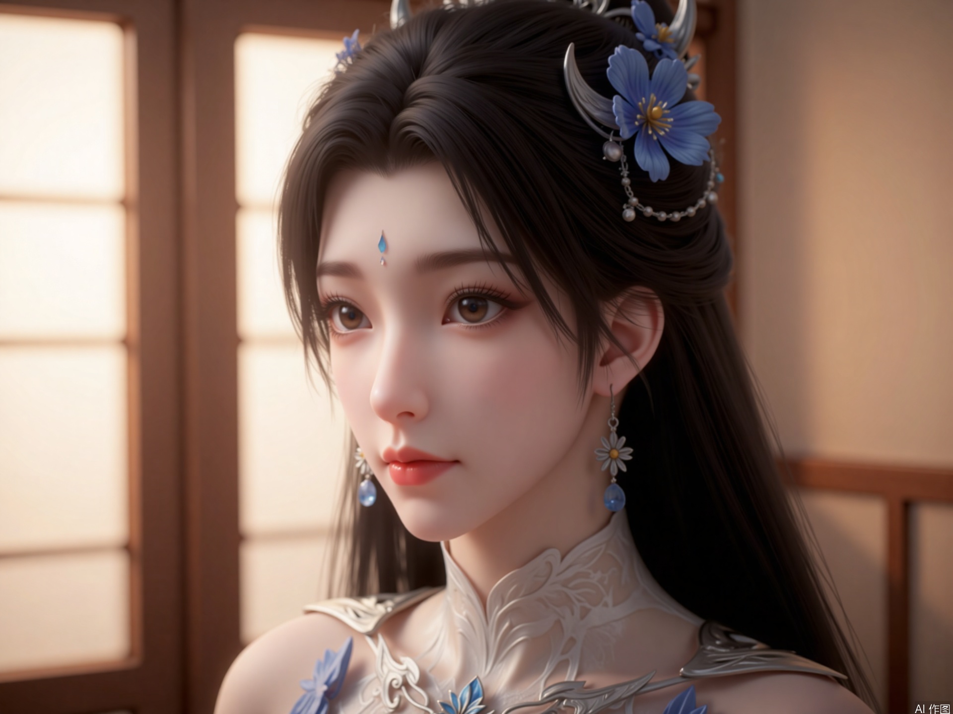 zichu-xiaoyue,The image depicts a close-up of a character with long black hair adorned with blue flowers and a crescent moon-shaped ornament. The character is wearing traditional attire with intricate patterns, including a high collar. The background features a window with wooden frames, allowing a warm, soft light to filter through, creating a serene atmosphere. The character's expression is calm and contemplative, with a slight smile. The overall scene has a traditional and elegant aesthetic.