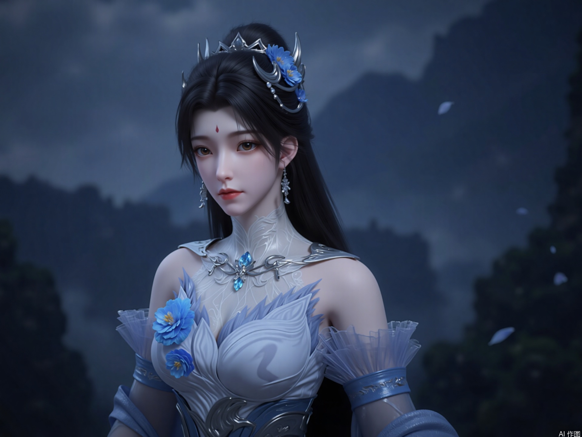 zichu-xiaoyue,This image depicts a woman with long fluttering black hair, with brown eyes and pink lips, her head decorated with blue flowers and a crescent-shaped ornament and a red mark on her forehead
She wore an elaborate fantasy-style outfit with intricate silver patterns on her white and blue corset. Her outfits include a headdress decorated with blue flowers and a necklace with blue gemstones in the center. 
The background is a blurry, ambiguity scene with dark cloudy sky and signs of mountains or cliffs, giving a mysterious and ethereal feeling.