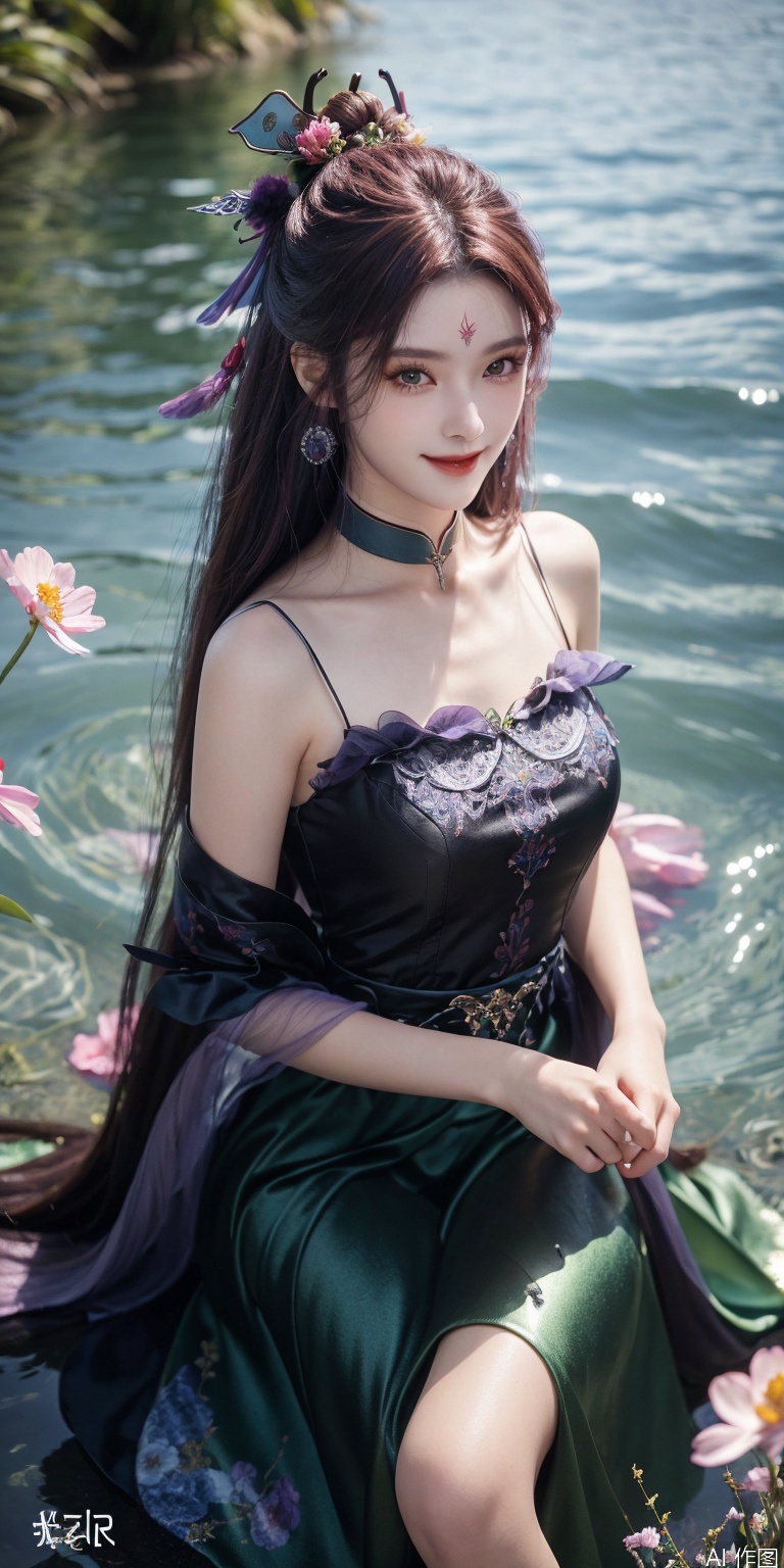 HDR, UHD, 8K, Highly detailed, best quality, masterpiece, 1girl, realistic, Highly detailed, (EOS R8, 50mm, F1.2, 8K, RAW photo:1.2), ultra realistic 8k cg,1 girl, solo focus,brown_hair,Long hair,Messy hair,Bangs,hair between eyes,Sidelocks,Hair over shoulder,very long hair,shiny hair,floating hairblue eyes,Bright eyes,big eyes,detailed eyes,beautiful eyes,hair ornament,hair flower,choker,frilled dress with lace,long dress,pleated dress,[loli],blush,blushing,smile,smiling,outdoors,water,flower,sitting in the ((sea of flowers)), flower field,meadow,beautiful detailed sky,feather,nature,(sunlight),  skirt up,AGM,moist skin, shiny skin, glossy skin, (best illumination, best shadow, extremely delicate and beautiful), perfect lighting, original, highres, dynamic angle, floating,depth of field, caustics,lens flare,warm lighting,(official art,beautiful and aesthetic:1.2),beautiful face, perfect body,ultra detailed eyes,siyouyou, purple hair, hair ornament,forehead mark
