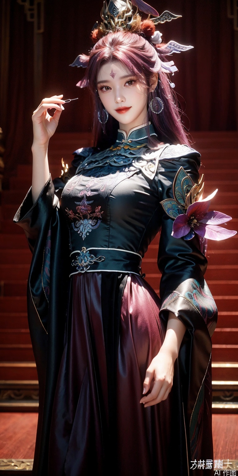 best quality, masterpiece, realistic,cowboy_shot,(Good structure), DSLR Quality,Depth of field,kind smile,looking_at_viewer,Dynamic pose, 
1girl, solo, long hair, looking at viewer, hair ornament, long sleeves, dress, jewelry, upper body, purple hair, earrings, wide sleeves, facial mark, chinese clothes, forehead mark, string, string of fate,siyouyou