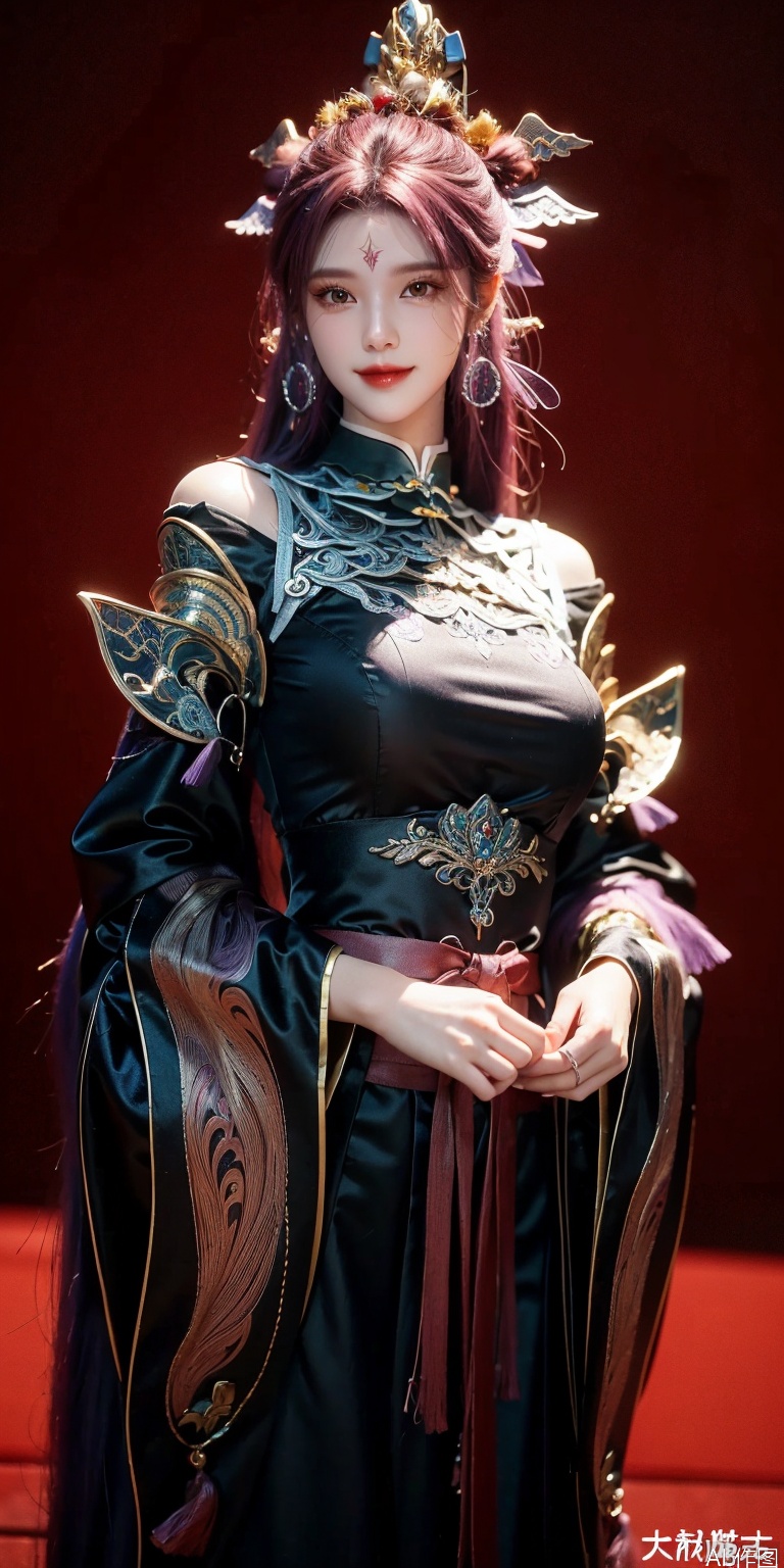best quality, masterpiece, realistic,cowboy_shot,(Good structure), DSLR Quality,Depth of field,kind smile,looking_at_viewer,Dynamic pose, 
1girl, solo, long hair, looking at viewer, hair ornament, long sleeves, dress, jewelry, upper body, purple hair, earrings, wide sleeves, facial mark, chinese clothes, forehead mark, string, string of fate,siyouyou