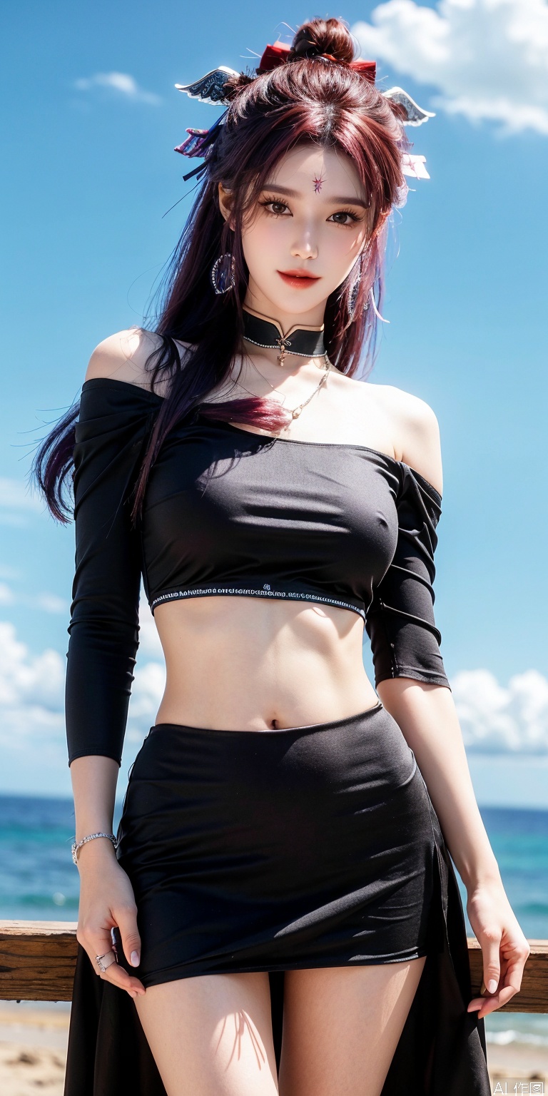 best quality, masterpiece, realistic,cowboy_shot,(Good structure), DSLR Quality,Depth of field,kind smile,looking_at_viewer,Dynamic pose, 
,Short skirt,Blue sky, white clouds, ocean, nai3, 1girl, solo, crop top, , choker, navel, shirt, midriff, crop top overhang, looking at viewer, white shirt, jewelry, breasts, bare shoulders, off-shoulder shirt, off shoulder, black choker, thighs, stomach, long hair, bracelet, short sleeves, ribbon, hand up, collarbone, hair ribbon, medium breasts, , bra strap, , hair ornament, thigh gap, necklace, expressionless,siyouyou, purple hair,forehead mark
