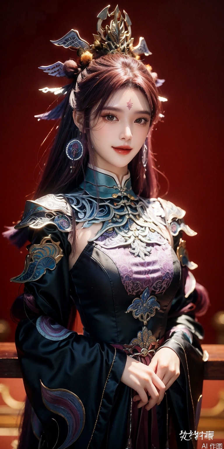 best quality, masterpiece, realistic,cowboy_shot,(Good structure), DSLR Quality,Depth of field,kind smile,looking_at_viewer,Dynamic pose, 
1girl, solo, long hair, looking at viewer, hair ornament, long sleeves, dress, jewelry, upper body, purple hair, earrings, wide sleeves, facial mark, chinese clothes, forehead mark, string, string of fate,siyouyou