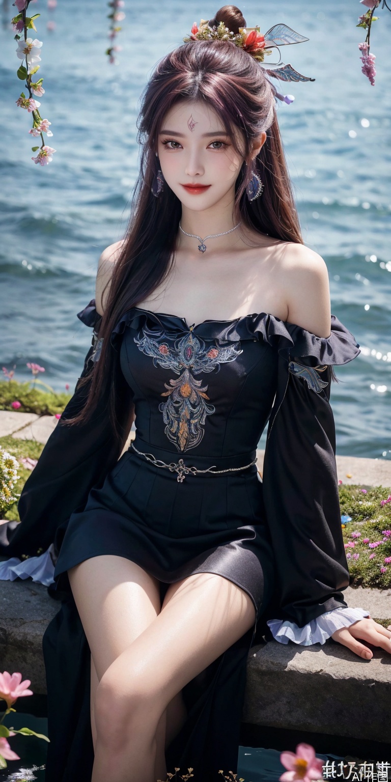 HDR, UHD, 8K, Highly detailed, best quality, masterpiece, 1girl, realistic, Highly detailed, (EOS R8, 50mm, F1.2, 8K, RAW photo:1.2), ultra realistic 8k cg,1 girl, solo focus,brown_hair,Long hair,Messy hair,Bangs,hair between eyes,Sidelocks,Hair over shoulder,very long hair,shiny hair,floating hairblue eyes,Bright eyes,big eyes,detailed eyes,beautiful eyes,hair ornament,hair flower,choker,frilled dress with lace,long dress,pleated dress,[loli],blush,blushing,smile,smiling,outdoors,water,flower,sitting in the ((sea of flowers)), flower field,meadow,beautiful detailed sky,feather,nature,(sunlight),  skirt up,AGM,moist skin, shiny skin, glossy skin, (best illumination, best shadow, extremely delicate and beautiful), perfect lighting, original, highres, dynamic angle, floating,depth of field, caustics,lens flare,warm lighting,(official art,beautiful and aesthetic:1.2),beautiful face, perfect body,ultra detailed eyes,siyouyou, purple hair, hair ornament,forehead mark
