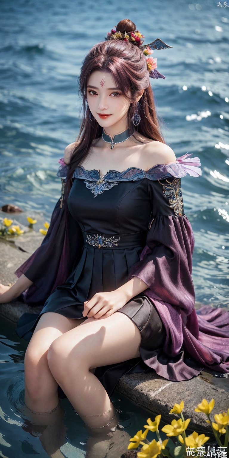 HDR, UHD, 8K, Highly detailed, best quality, masterpiece, 1girl, realistic, Highly detailed, (EOS R8, 50mm, F1.2, 8K, RAW photo:1.2), ultra realistic 8k cg,1 girl, solo focus,brown_hair,Long hair,Messy hair,Bangs,hair between eyes,Sidelocks,Hair over shoulder,very long hair,shiny hair,floating hairblue eyes,Bright eyes,big eyes,detailed eyes,beautiful eyes,hair ornament,hair flower,choker,frilled dress with lace,long dress,pleated dress,[loli],blush,blushing,smile,smiling,outdoors,water,flower,sitting in the ((sea of flowers)), flower field,meadow,beautiful detailed sky,feather,nature,(sunlight),  skirt up,AGM,moist skin, shiny skin, glossy skin, (best illumination, best shadow, extremely delicate and beautiful), perfect lighting, original, highres, dynamic angle, floating,depth of field, caustics,lens flare,warm lighting,(official art,beautiful and aesthetic:1.2),beautiful face, perfect body,ultra detailed eyes,siyouyou, purple hair, hair ornament,forehead mark