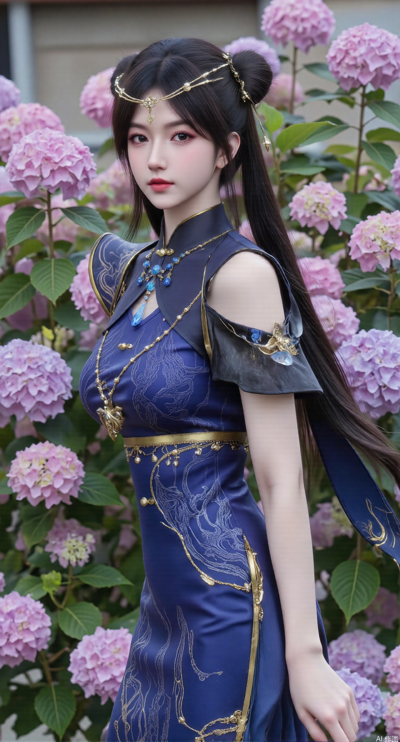  SFW,(masterpiece:1.2),best quality,absurdres,masterpiece,original,extremely detailed wallpaper,perfect lighting,1girl,solo,looking at viewer,(cowboy_shot:1.3),long hair,high heels,blurry background,depth of field,motion blur,(long dress:1.23),china_dress,chinese_style,bare shouders,crystal_earrings,headpiece,hair_tie,chest_jewel,gem,necklace,jewelry,in summer,day,outdoors,nature,garden,,(standing,Hydrangea, Hydrangea Field:1.59),(huge breasts:2.99),(full breasts:2.99),Xzhihua,Xsiyouyou,Xyanruyu,Xmoxiaonan,Xyeqingxian,Xyunwangshu,XlishaoyinY