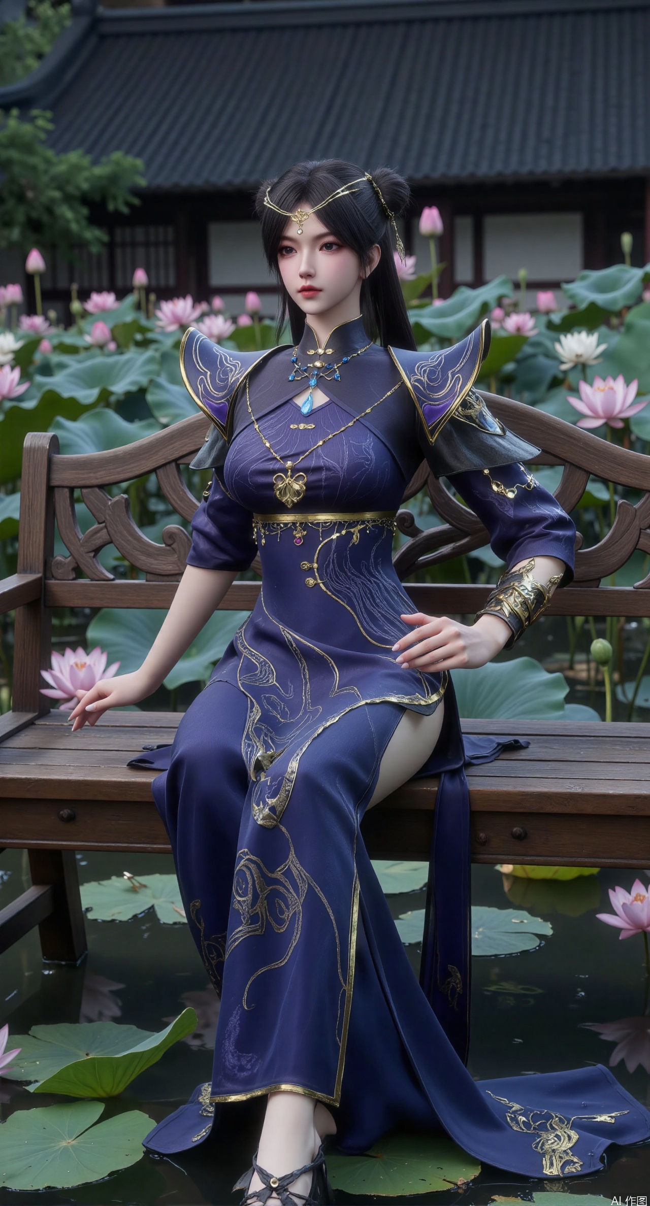  SFW,(masterpiece:1.2),best quality,The image is a digital illustration of a young woman sitting on a wooden bench in a pond with lily pads. She is wearing a long dress with design on the chest and sleeves. The dress has a high neckline and short sleeves,Holding a lotus in hand. She has long dark hair styled in loose waves and is wearing gold high heels. The woman is posing with one hand on her hip and the other resting on the edge of the bench. The background is filled with pink and white lotus flowers and green leaves. The overall mood of the image is peaceful and serene,(huge breasts:2.99),(full breasts:2.99),(Background with traditional Chinese architecture, lotus pond and pink lotus flowers:1.39),XliumeiY,XlishaoyinY,Xyunwangshu