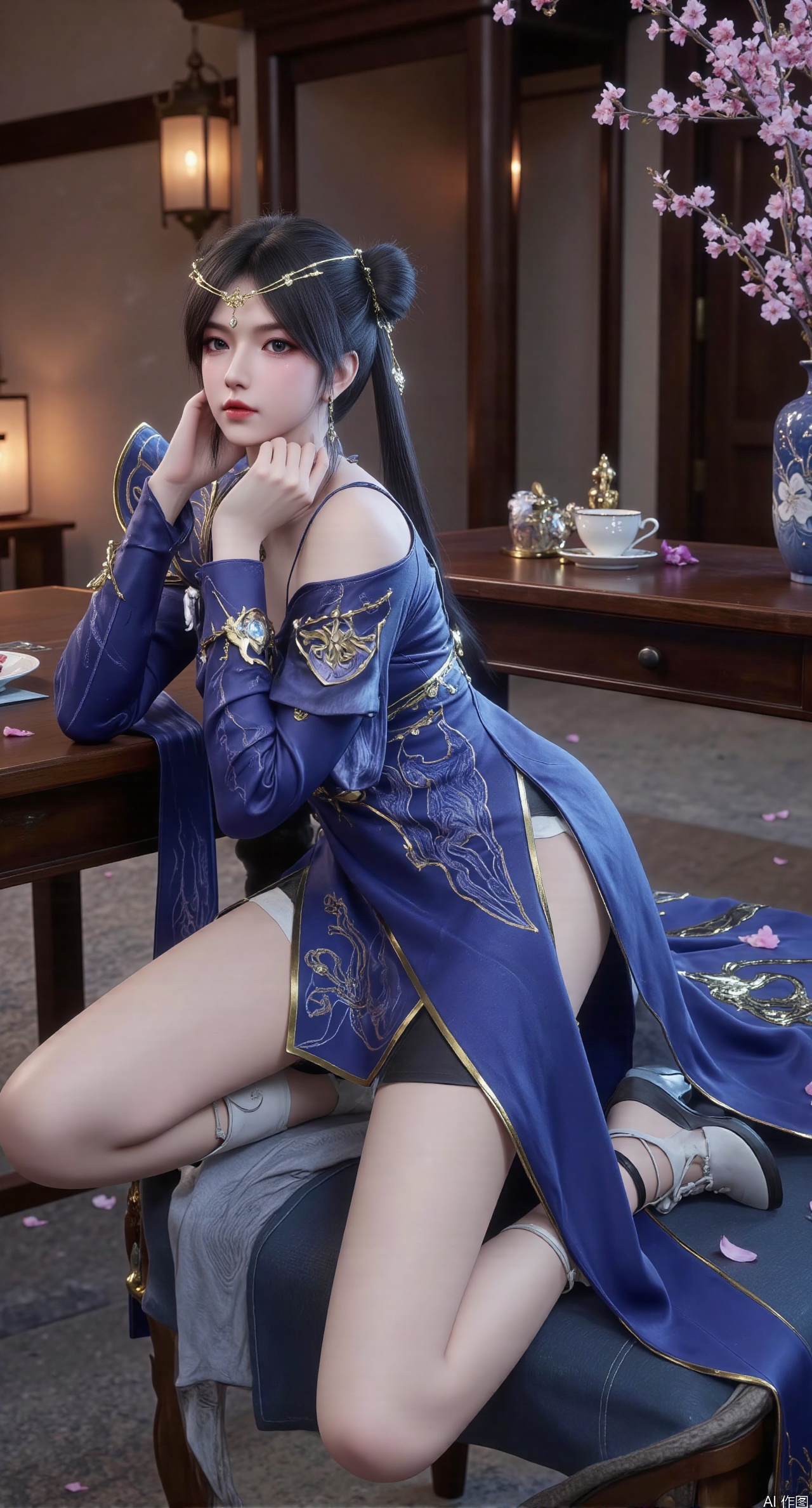(masterpiece, best quality:1.2),1girl,lying,bare legs,dress,on side,long hair,forehead mark,facial mark,solo,flower,black hair,chinese clothes,white dress,looking at viewer,hair ornament,earrings,bare shoulders,jewelry,blue eyes,china dress,high heels,branch,breasts,thighs,grey eyes,smile,closed mouth,ponytail,indoors,vase,feathers,red lips,floral print,off shoulder,blue dress,legs,full body,shoes,petals,Black hair,head rest,makeup,large breasts,white footwear,hand on own head,table,long sleeves,hand on own face,light,side slit,lantern,arm support,hair flower,lips,hand in own hair,cherry blossoms,cup,jar,elbow rest,no socks,eyeshadow,leaf,plant,on stomach,detached sleeves,cleavage,glowing,tassel,strapless,hand on own cheek,off-shoulder dress,.(huge breasts:2.99),(full breasts:2.99),XlishaoyinY,Xyunwangshu
