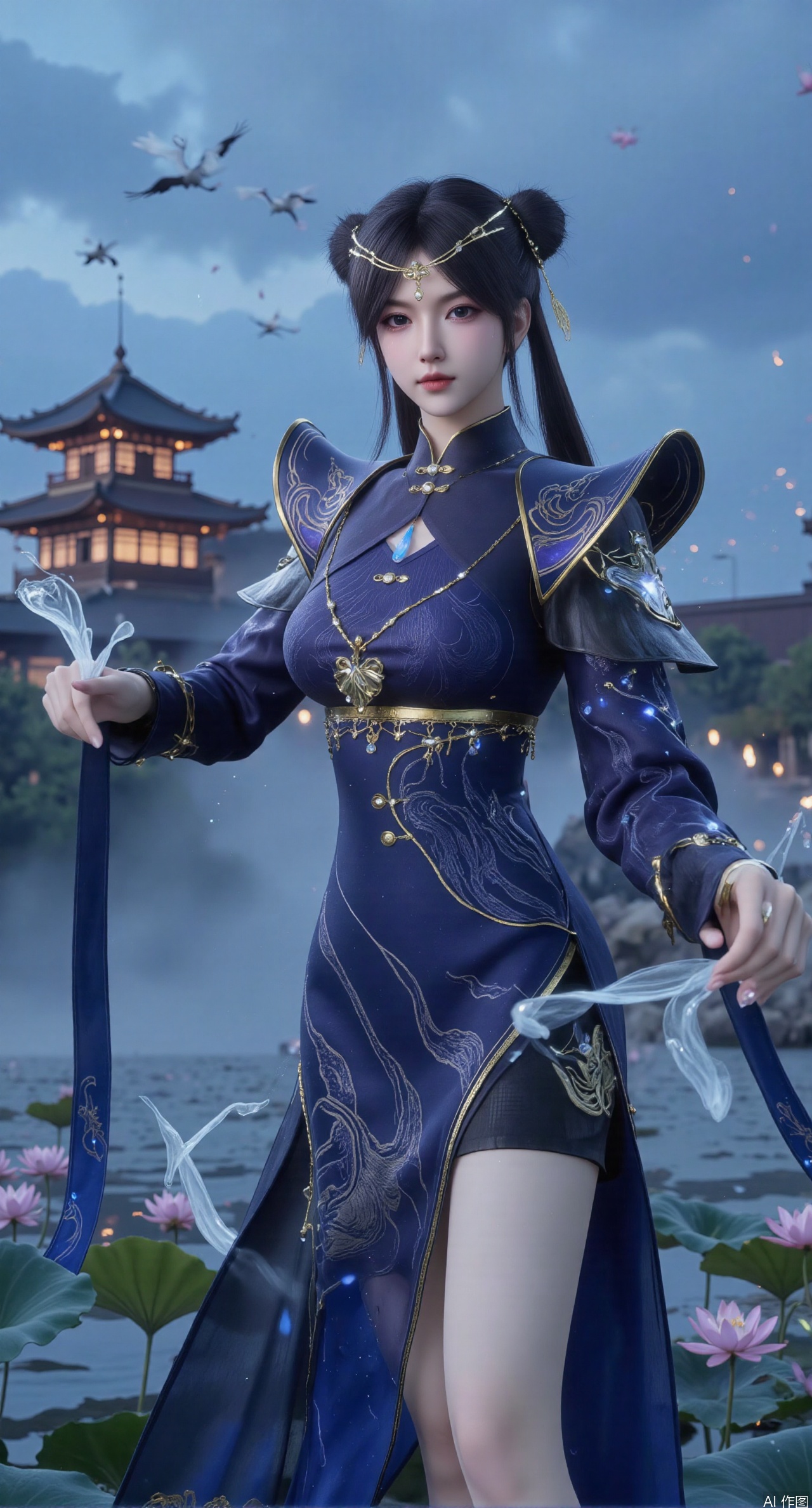  SFW,(masterpiece:1.2),best quality,1girl,solo,long hair,long dress,celestial maiden in flowing tulle gown levitates above lotus pond, ethereal mist trails from hair ribbons, mythical Penglai paradise emerges through clouds with glowing pavilions, translucent bioluminescent lotus blooms, flock of cranes gliding over water surface, ultra HD with soft 3D rendering, morning light filters through mist, falling petal rain, intricate details on scale-patterned fabric and lotus veins.(huge breasts:2.99),(full breasts:2.99),Xzhihua,Xsiyouyou,Xyanruyu,Xmoxiaonan,Xyeqingxian,large natural breast,soft breasts,Xanmiaoyi,Xyunwangshu,XlishaoyinY