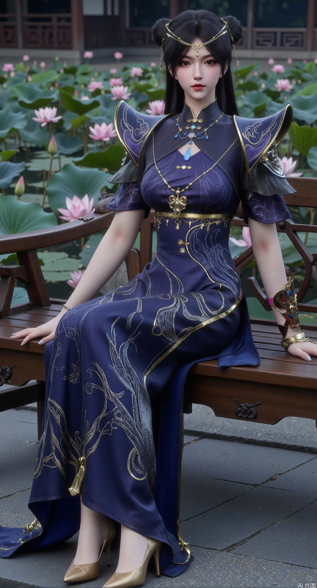  SFW,(masterpiece:1.2),best quality,The image is a digital illustration of a young woman sitting on a wooden bench in a pond with lily pads. She is wearing a long dress with design on the chest and sleeves. The dress has a high neckline and short sleeves,Holding a lotus in hand. She has long dark hair styled in loose waves and is wearing gold high heels. The woman is posing with one hand on her hip and the other resting on the edge of the bench. The background is filled with pink and white lotus flowers and green leaves. The overall mood of the image is peaceful and serene,(huge breasts:2.99),(full breasts:2.99),(Background with traditional Chinese architecture, lotus pond and pink lotus flowers:1.39),XliumeiY,XlishaoyinY,Xyunwangshu