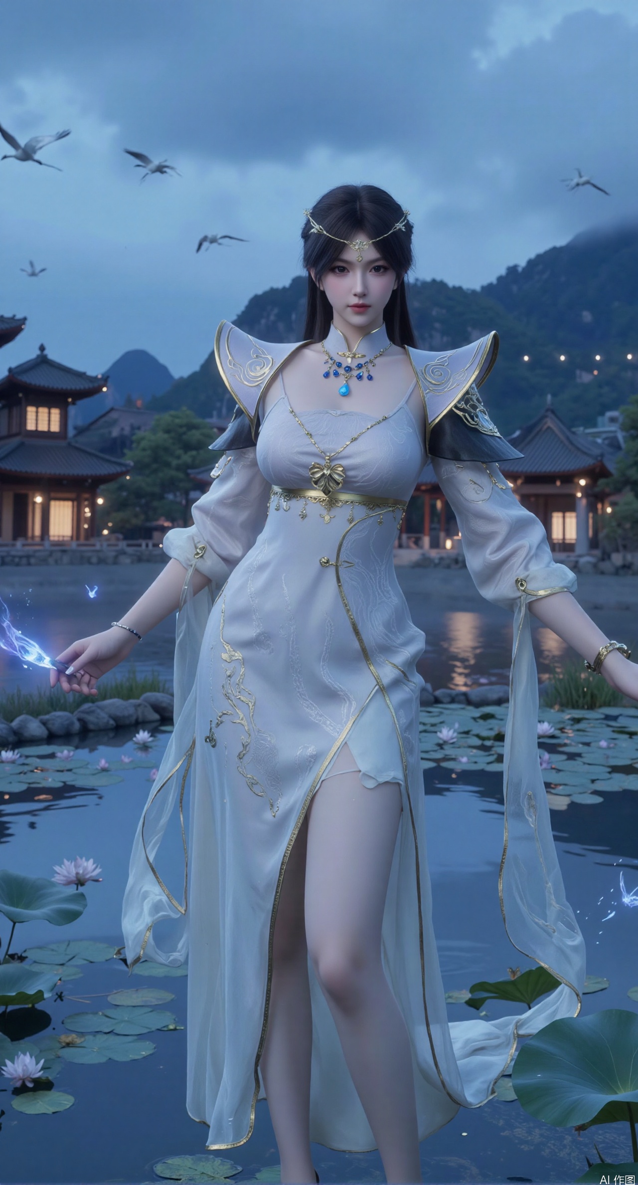  SFW,(masterpiece:1.2),best quality,1girl,solo,long hair,long dress,celestial maiden in flowing tulle gown levitates above lotus pond, ethereal mist trails from hair ribbons, mythical Penglai paradise emerges through clouds with glowing pavilions, translucent bioluminescent lotus blooms, flock of cranes gliding over water surface, ultra HD with soft 3D rendering, morning light filters through mist, falling petal rain, intricate details on scale-patterned fabric and lotus veins.(huge breasts:2.99),(full breasts:2.99),Xzhihua,Xsiyouyou,Xyanruyu,Xmoxiaonan,Xyeqingxian,large natural breast,soft breasts,Xanmiaoyi,Xyunwangshu,XlishaoyinY