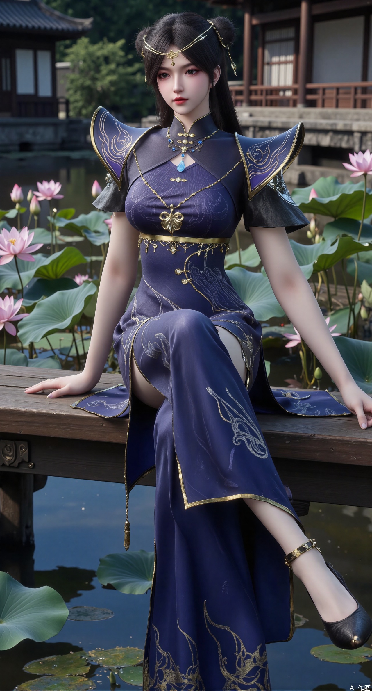  SFW,(masterpiece:1.2),best quality,The image is a digital illustration of a young woman sitting on a wooden bench in a pond with lily pads. She is wearing a long dress with design on the chest and sleeves. The dress has a high neckline and short sleeves,Holding a lotus in hand. She has long dark hair styled in loose waves and is wearing gold high heels. The woman is posing with one hand on her hip and the other resting on the edge of the bench. The background is filled with pink and white lotus flowers and green leaves. The overall mood of the image is peaceful and serene,(huge breasts:2.99),(full breasts:2.99),(Background with traditional Chinese architecture, lotus pond and pink lotus flowers:1.39),XliumeiY,XlishaoyinY,Xyunwangshu