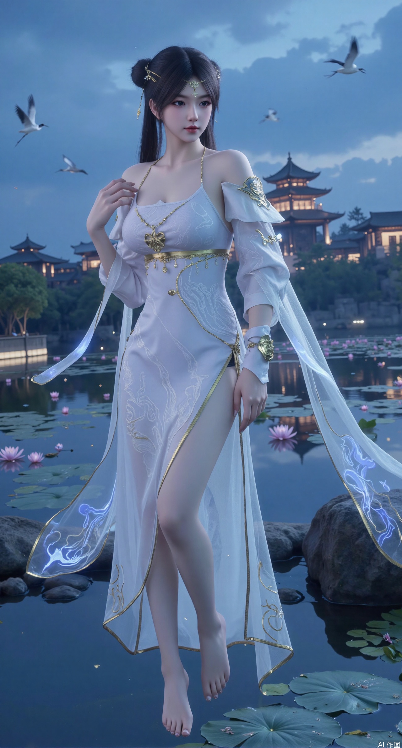  SFW,(masterpiece:1.2),best quality,1girl,solo,long hair,long dress,celestial maiden in flowing tulle gown levitates above lotus pond, ethereal mist trails from hair ribbons, mythical Penglai paradise emerges through clouds with glowing pavilions, translucent bioluminescent lotus blooms, flock of cranes gliding over water surface, ultra HD with soft 3D rendering, morning light filters through mist, falling petal rain, intricate details on scale-patterned fabric and lotus veins.(huge breasts:2.99),(full breasts:2.99),Xzhihua,Xsiyouyou,Xyanruyu,Xmoxiaonan,Xyeqingxian,large natural breast,soft breasts,Xanmiaoyi,Xyunwangshu,XlishaoyinY