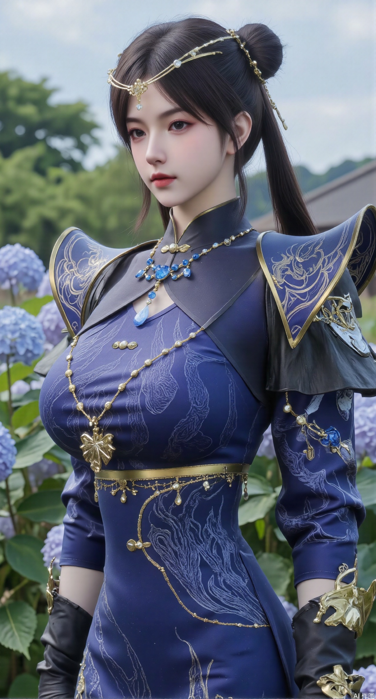  SFW,(masterpiece:1.2),best quality,absurdres,masterpiece,original,extremely detailed wallpaper,perfect lighting,1girl,solo,looking at viewer,(cowboy_shot:1.3),long hair,high heels,blurry background,depth of field,motion blur,(long dress:1.23),china_dress,chinese_style,bare shouders,crystal_earrings,headpiece,hair_tie,chest_jewel,gem,necklace,jewelry,in summer,day,outdoors,nature,garden,,(standing,Hydrangea, Hydrangea Field:1.59),(huge breasts:2.99),(full breasts:2.99),Xzhihua,Xsiyouyou,Xyanruyu,Xmoxiaonan,Xyeqingxian,Xyunwangshu,XlishaoyinY