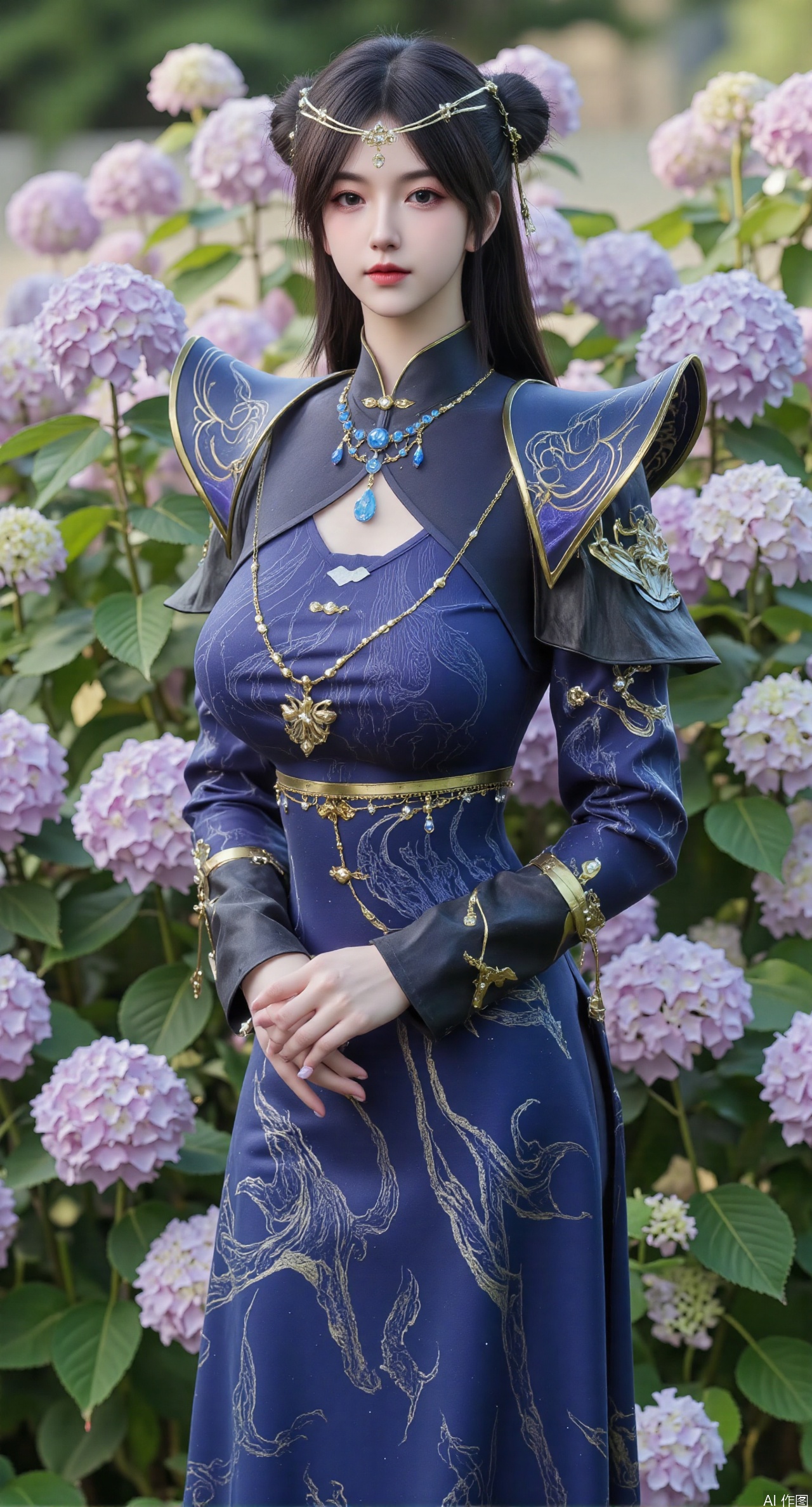  SFW,(masterpiece:1.2),best quality,absurdres,masterpiece,original,extremely detailed wallpaper,perfect lighting,1girl,solo,looking at viewer,(cowboy_shot:1.3),long hair,high heels,blurry background,depth of field,motion blur,(long dress:1.23),china_dress,chinese_style,bare shouders,crystal_earrings,headpiece,hair_tie,chest_jewel,gem,necklace,jewelry,in summer,day,outdoors,nature,garden,,(standing,Hydrangea, Hydrangea Field:1.59),(huge breasts:2.99),(full breasts:2.99),Xzhihua,Xsiyouyou,Xyanruyu,Xmoxiaonan,Xyeqingxian,Xyunwangshu,XlishaoyinY