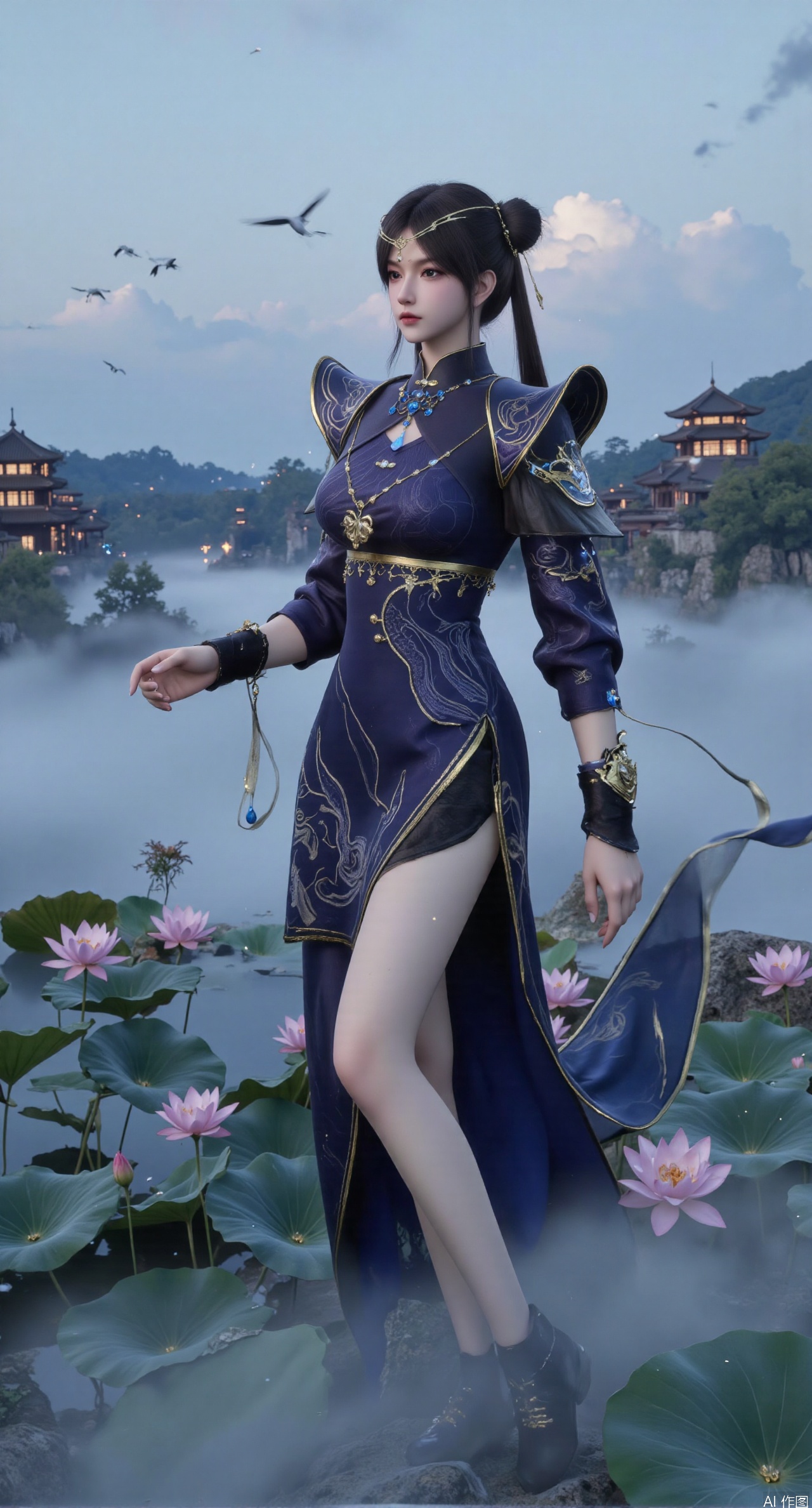  SFW,(masterpiece:1.2),best quality,1girl,solo,long hair,long dress,celestial maiden in flowing tulle gown levitates above lotus pond, ethereal mist trails from hair ribbons, mythical Penglai paradise emerges through clouds with glowing pavilions, translucent bioluminescent lotus blooms, flock of cranes gliding over water surface, ultra HD with soft 3D rendering, morning light filters through mist, falling petal rain, intricate details on scale-patterned fabric and lotus veins.(huge breasts:2.99),(full breasts:2.99),Xzhihua,Xsiyouyou,Xyanruyu,Xmoxiaonan,Xyeqingxian,large natural breast,soft breasts,Xanmiaoyi,Xyunwangshu,XlishaoyinY