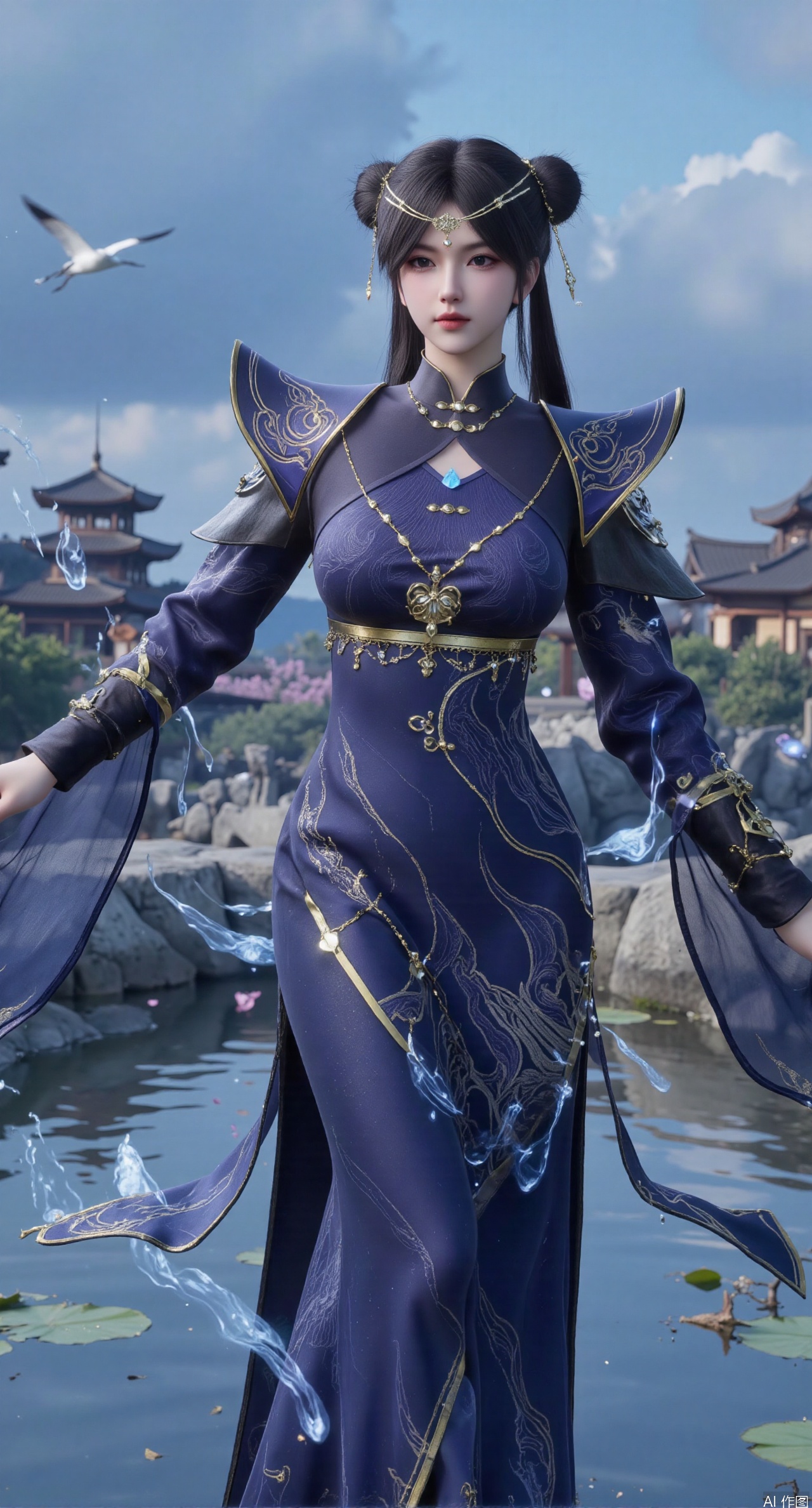  SFW,(masterpiece:1.2),best quality,1girl,solo,long hair,long dress,celestial maiden in flowing tulle gown levitates above lotus pond, ethereal mist trails from hair ribbons, mythical Penglai paradise emerges through clouds with glowing pavilions, translucent bioluminescent lotus blooms, flock of cranes gliding over water surface, ultra HD with soft 3D rendering, morning light filters through mist, falling petal rain, intricate details on scale-patterned fabric and lotus veins.(huge breasts:2.99),(full breasts:2.99),Xzhihua,Xsiyouyou,Xyanruyu,Xmoxiaonan,Xyeqingxian,large natural breast,soft breasts,Xanmiaoyi,Xyunwangshu,XlishaoyinY