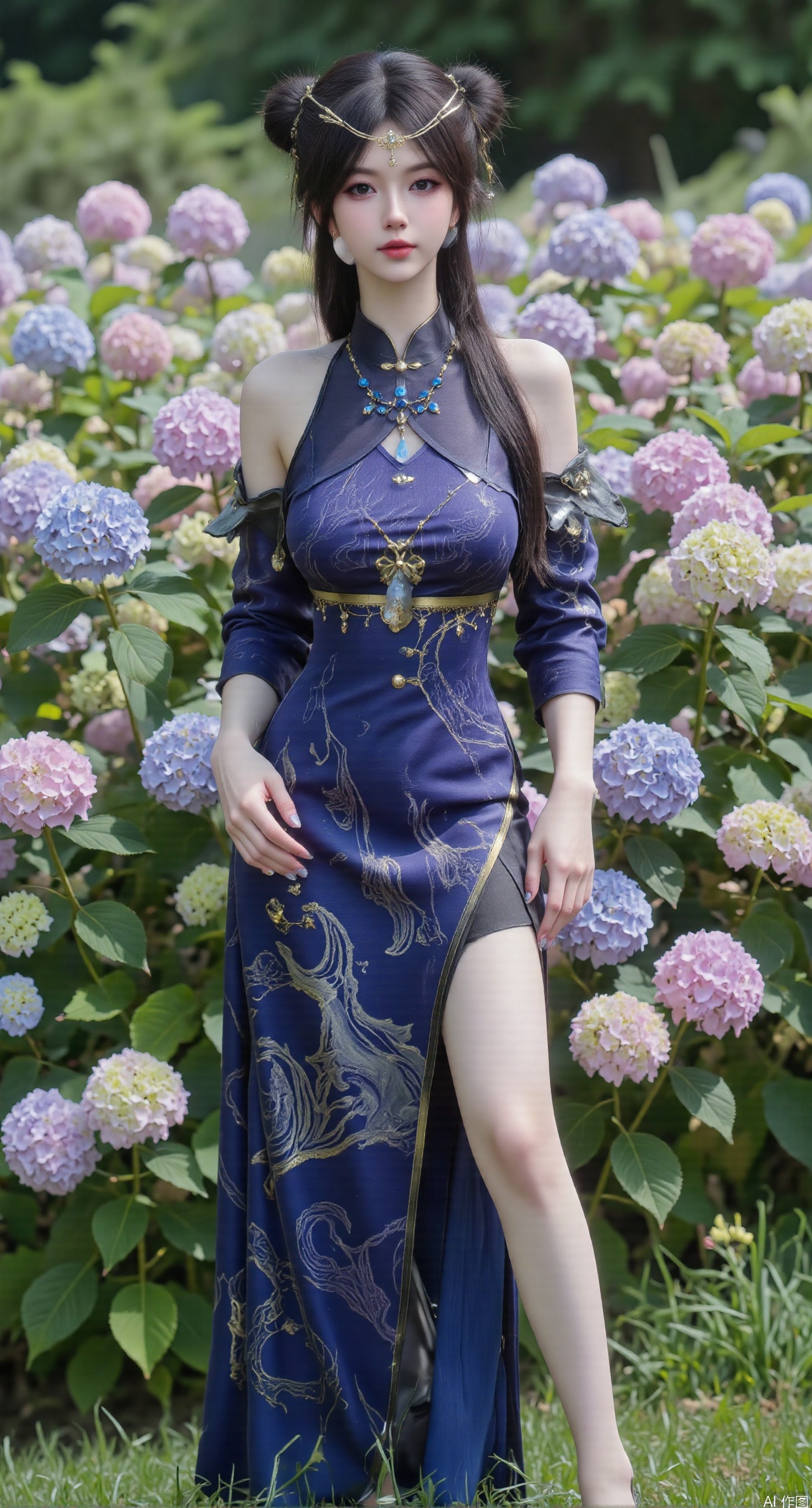  SFW,(masterpiece:1.2),best quality,absurdres,masterpiece,original,extremely detailed wallpaper,perfect lighting,1girl,solo,looking at viewer,(cowboy_shot:1.3),long hair,high heels,blurry background,depth of field,motion blur,(long dress:1.23),china_dress,chinese_style,bare shouders,crystal_earrings,headpiece,hair_tie,chest_jewel,gem,necklace,jewelry,in summer,day,outdoors,nature,garden,,(standing,Hydrangea, Hydrangea Field:1.59),(huge breasts:2.99),(full breasts:2.99),Xzhihua,Xsiyouyou,Xyanruyu,Xmoxiaonan,Xyeqingxian,Xyunwangshu,XlishaoyinY