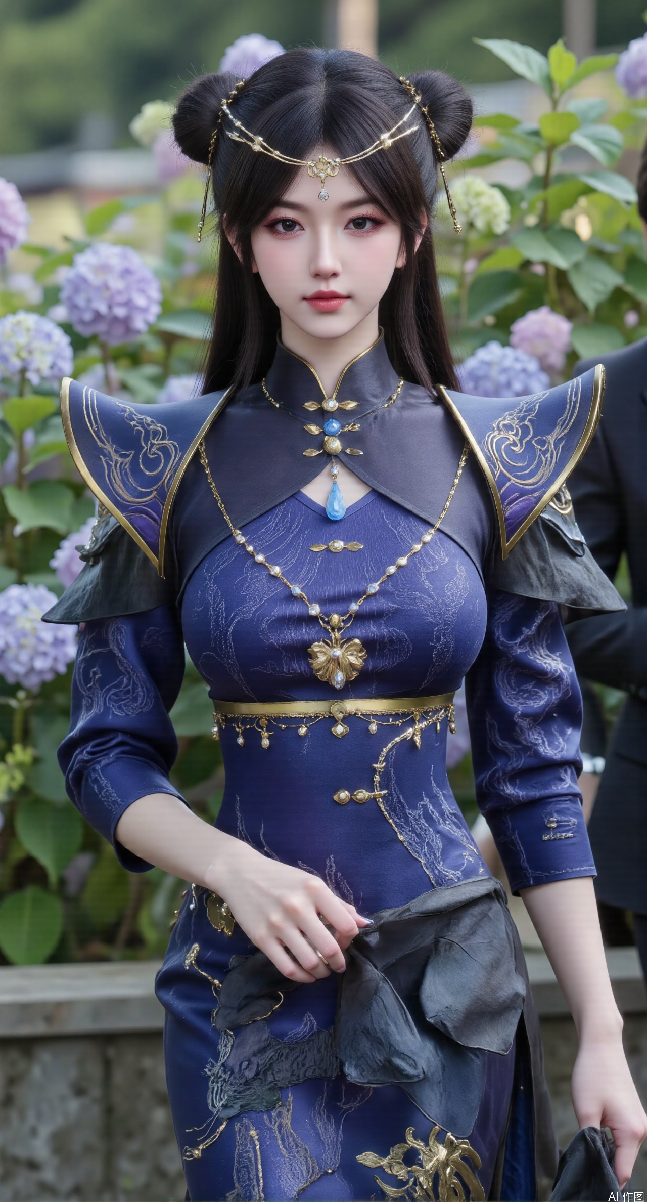  SFW,(masterpiece:1.2),best quality,absurdres,masterpiece,original,extremely detailed wallpaper,perfect lighting,1girl,solo,looking at viewer,(cowboy_shot:1.3),long hair,high heels,blurry background,depth of field,motion blur,(long dress:1.23),china_dress,chinese_style,bare shouders,crystal_earrings,headpiece,hair_tie,chest_jewel,gem,necklace,jewelry,in summer,day,outdoors,nature,garden,,(standing,Hydrangea, Hydrangea Field:1.59),(huge breasts:2.99),(full breasts:2.99),Xzhihua,Xsiyouyou,Xyanruyu,Xmoxiaonan,Xyeqingxian,Xyunwangshu,XlishaoyinY