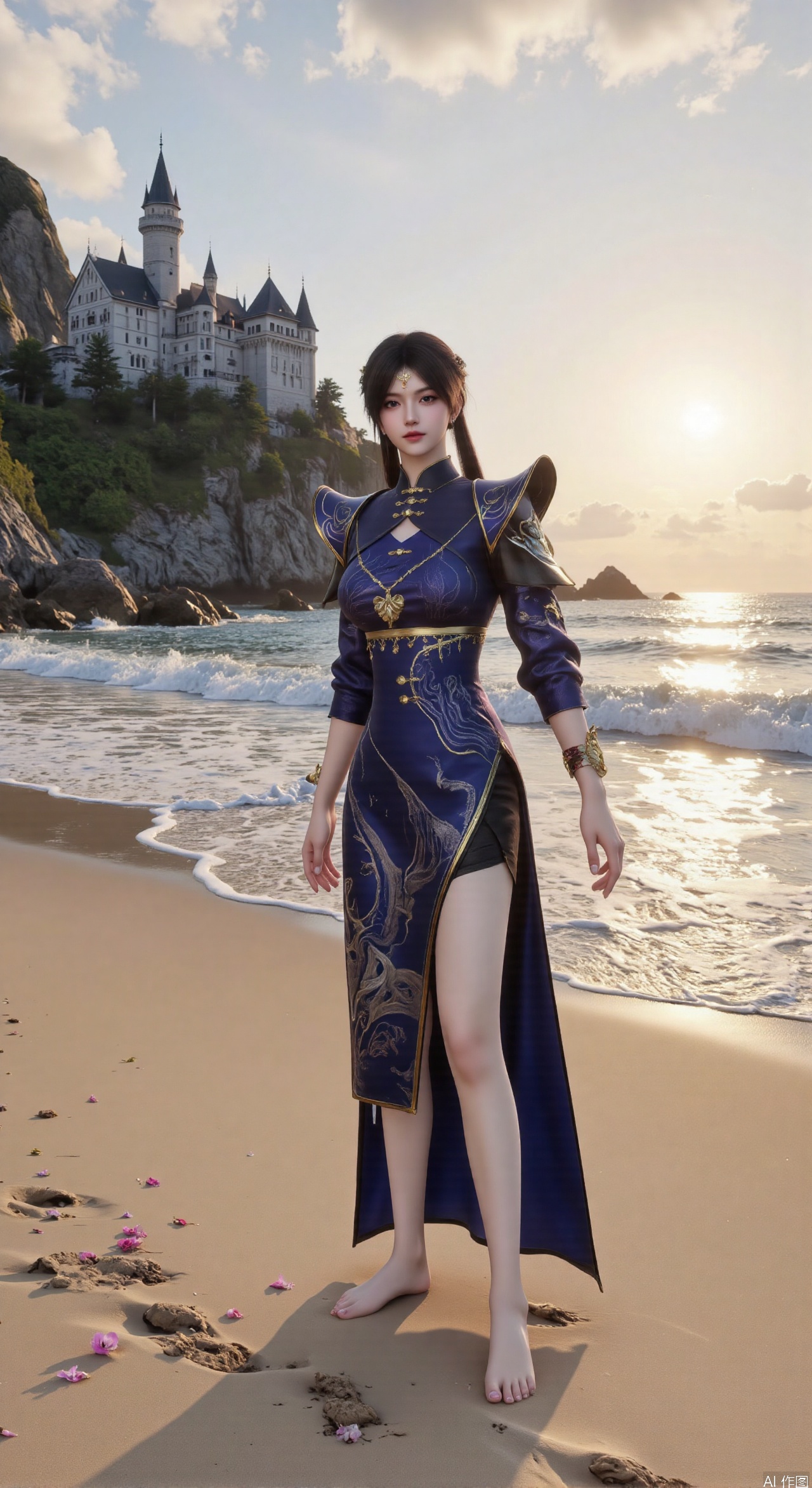 SFW,(masterpiece:1.2),best quality,3d anime style, cg,absurdres,masterpiece,original,extremely detailed wallpaper,perfect lighting,official art, A young woman in embroidered qipao standing barefoot on golden sandy beach, colorful flowers around feet, ocean waves washing over feet, white medieval castle with pointed towers resembling Neuschwanstein Castle perched on steep cliff in background, golden sunset rays piercing through clouds, ultra-wide angle composition with detailed foreground sand textures, dynamic mid-shot of figure interacting with waves, three-dimensional castle structure in background, high saturation colors, 8K resolution, precise depth of field control, HDR lighting, surreal elements blended with photorealistic details, realistic water reflections, intricate silk fabric texture, castle floating in mist atmosphere,(huge breasts:2.99),(full breasts:2.99),Xhenge,Xshisanyi,Xyunwangshu,XlishaoyinY