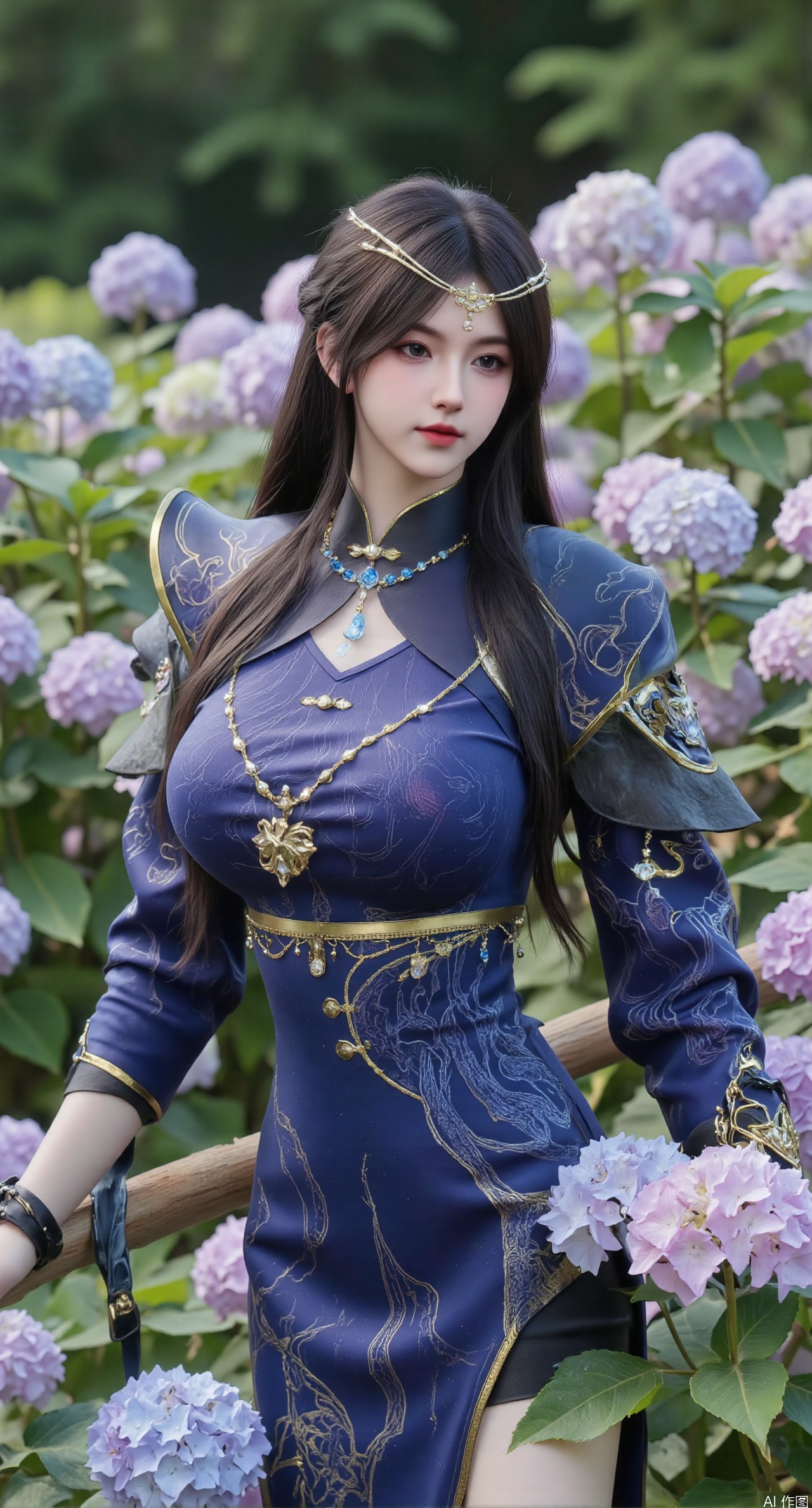  SFW,(masterpiece:1.2),best quality,absurdres,masterpiece,original,extremely detailed wallpaper,perfect lighting,1girl,solo,looking at viewer,(cowboy_shot:1.3),long hair,high heels,blurry background,depth of field,motion blur,(long dress:1.23),china_dress,chinese_style,bare shouders,crystal_earrings,headpiece,hair_tie,chest_jewel,gem,necklace,jewelry,in summer,day,outdoors,nature,garden,,(standing,Hydrangea, Hydrangea Field:1.59),(huge breasts:2.99),(full breasts:2.99),Xzhihua,Xsiyouyou,Xyanruyu,Xmoxiaonan,Xyeqingxian,Xyunwangshu,XlishaoyinY