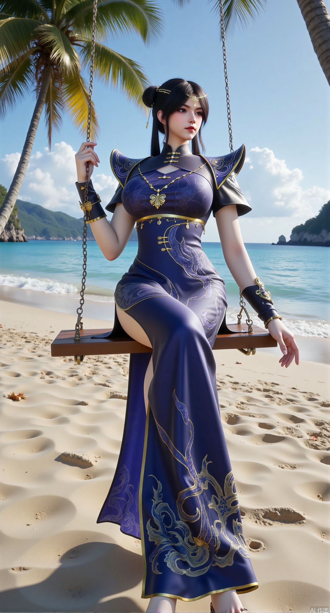  SFW,(masterpiece:1.2),best quality,absurdres,masterpiece,original,extremely detailed wallpaper,perfect lighting,Golden sandy beach covered with vibrant flowers, turquoise waves gently lapping the shore, elegant woman in embroidered qipao swinging on a wooden swing under coconut trees, bright flower clusters spreading from sand to palm tree roots, soft natural light filtering through coconut leaves, ocean breeze lifting hair and qipao hem, high-resolution details showcasing petal textures and silk fabric sheen, ultra-wide angle lens capturing coastline panorama, cinematic color grading with soft focus on the central figure,(huge breasts:2.99),(full breasts:2.99),Xzhihua,Xsiyouyou,Xyanruyu,Xmoxiaonan,Xyeqingxian,XyueliuY,Xyunwangshu,XlishaoyinY