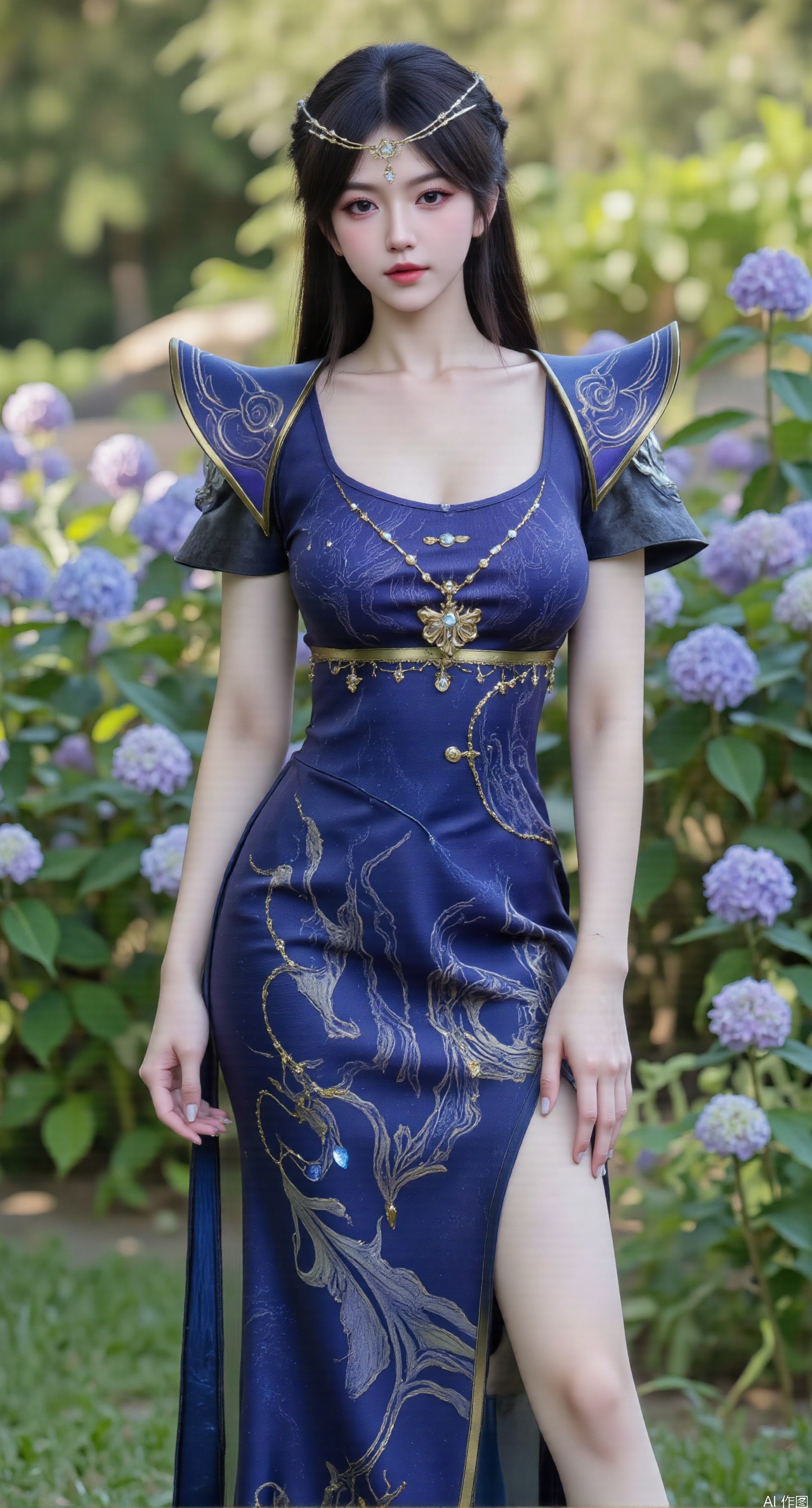  SFW,(masterpiece:1.2),best quality,absurdres,masterpiece,original,extremely detailed wallpaper,perfect lighting,1girl,solo,looking at viewer,(cowboy_shot:1.3),long hair,high heels,blurry background,depth of field,motion blur,(long dress:1.23),china_dress,chinese_style,bare shouders,crystal_earrings,headpiece,hair_tie,chest_jewel,gem,necklace,jewelry,in summer,day,outdoors,nature,garden,,(standing,Hydrangea, Hydrangea Field:1.59),(huge breasts:2.99),(full breasts:2.99),Xzhihua,Xsiyouyou,Xyanruyu,Xmoxiaonan,Xyeqingxian,Xyunwangshu,XlishaoyinY