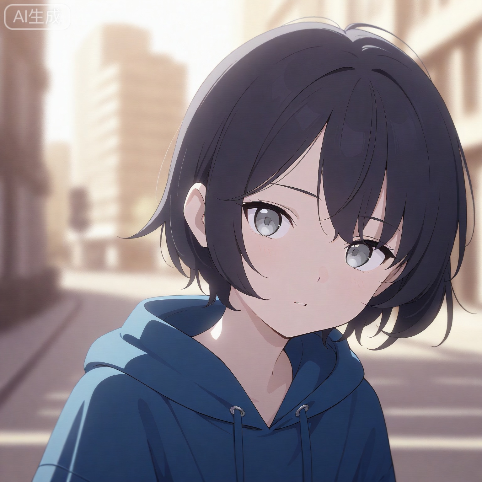 1girl, solo,
young_girl,
short_hair, black_hair, grey_eyes,
upper_body, portrait, head_and_shoulders,
hoodie, casual_style,
looking_at_viewer, relaxed_expression,
city_background, street,
natural_light,
depth_of_field, blurry_background,
anime_style, high_detail, masterpiece