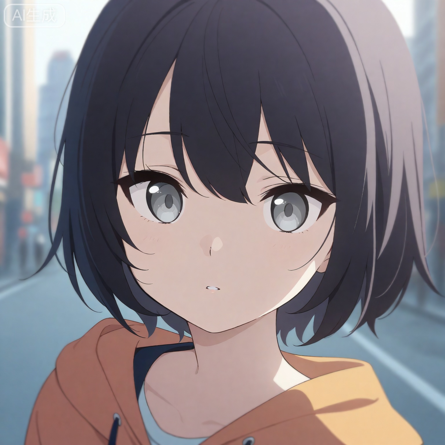 1girl, solo,
young_girl,
short_hair, black_hair, grey_eyes,
upper_body, portrait, head_and_shoulders,
hoodie, casual_style,
looking_at_viewer, relaxed_expression,
city_background, street,
natural_light,
depth_of_field, blurry_background,
anime_style, high_detail, masterpiece