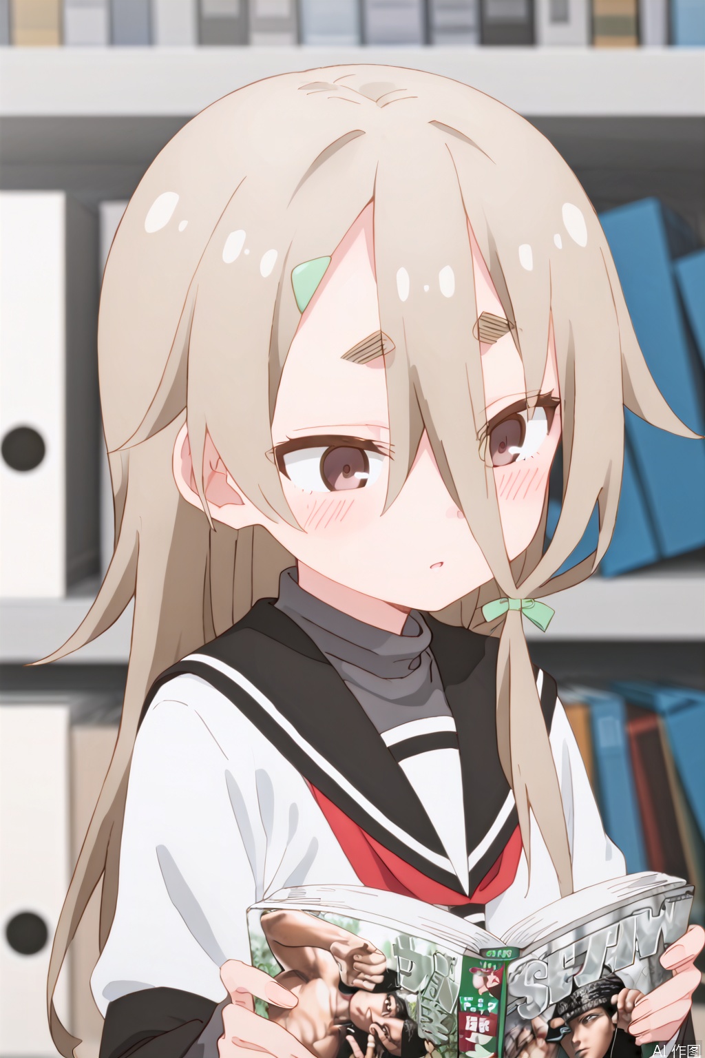 1girl, solo, long hair, blush, bangs, brown hair, shirt, hair ornament, holding, hair between eyes, brown eyes, school uniform, white shirt, serafuku, hairclip, indoors, blurry, looking to the side, book, blurry background, looking away, thick eyebrows, holding book, open book, reading