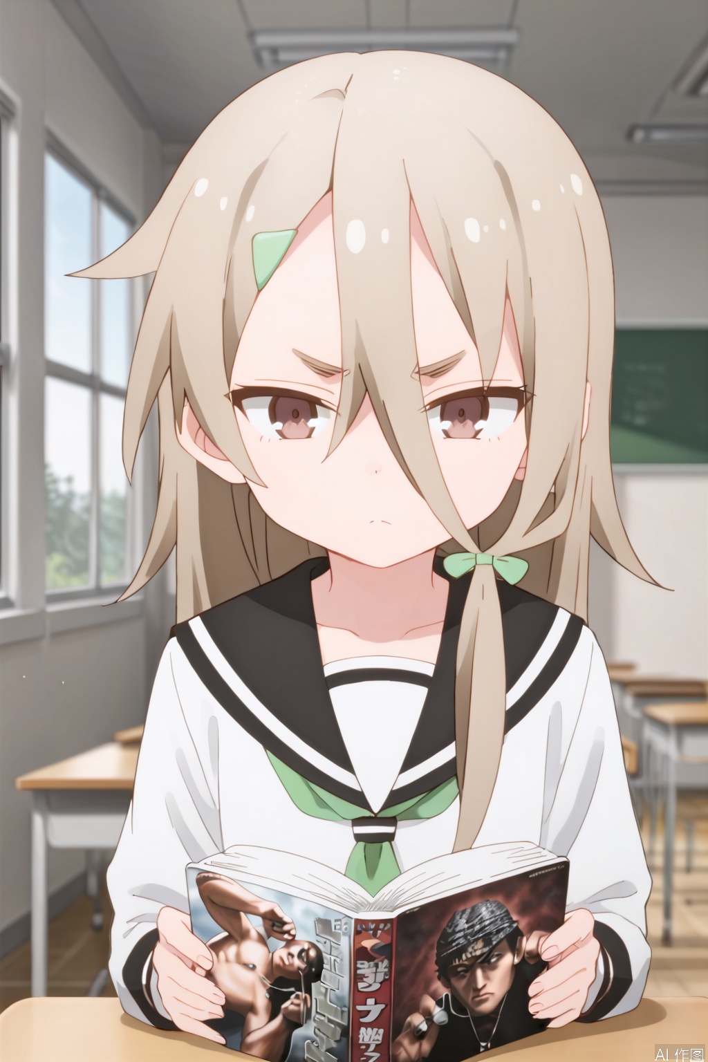 1girl,solo,long hair,brown hair,hair ornament,hair between eyes,brown eyes,hairclip,thick eyebrows,green bow,short eyebrows,sailor uniform,,Indoor,Window,classroom,Sunshine,sit,tilting head,hold the books,Frown, disgust,jitome,disgust,looking at viewer,